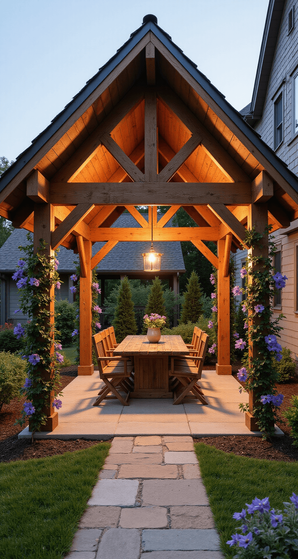 Outdoor Pavilions: The Complete Guide to Choosing the Perfect Backyard Retreat Photorealistic outdoor pavilion featuring a dramatic gable roof, warm golden hour lighting, weathered teak dining furniture, and surrounded by climbing clematis vines, with a natural stone pathway leading to a contemporary home.