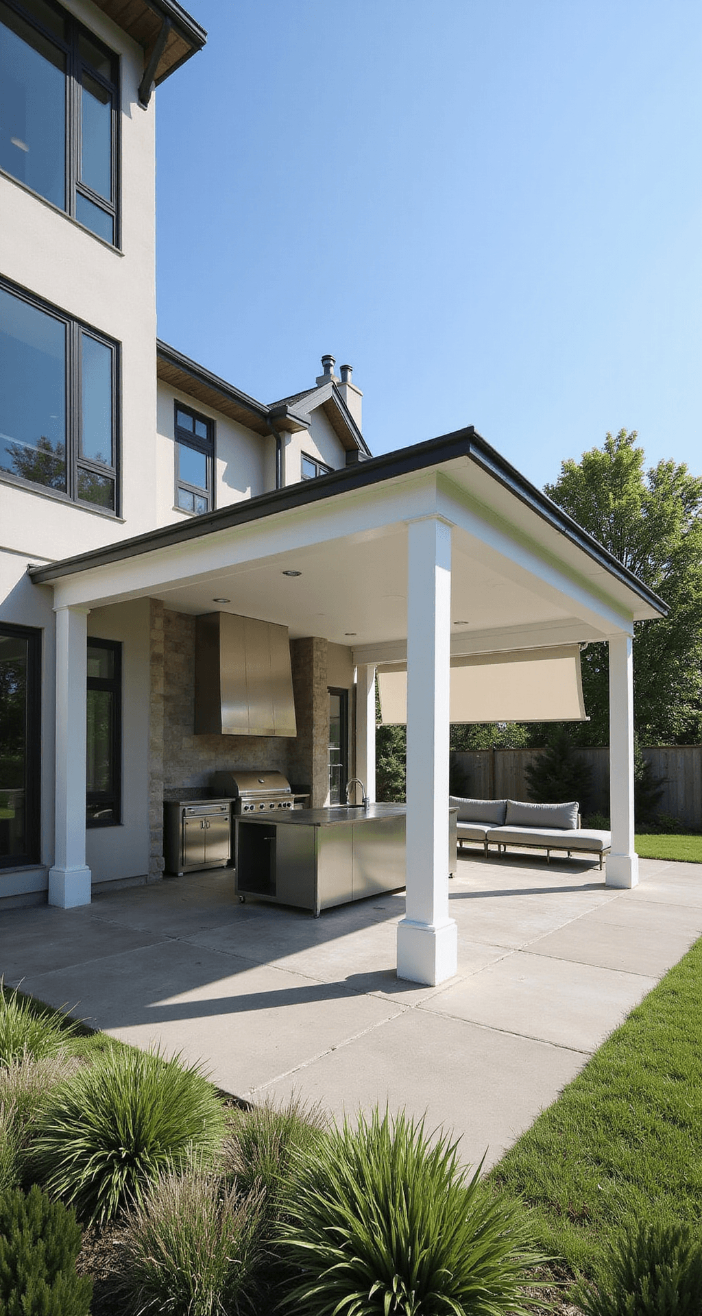 Outdoor Pavilions: The Complete Guide to Choosing the Perfect Backyard Retreat Contemporary vinyl pavilion in bright sunlight with clean white posts, charcoal hip roof, and minimalist outdoor kitchen, set against a modern home with large windows and geometric landscaping.