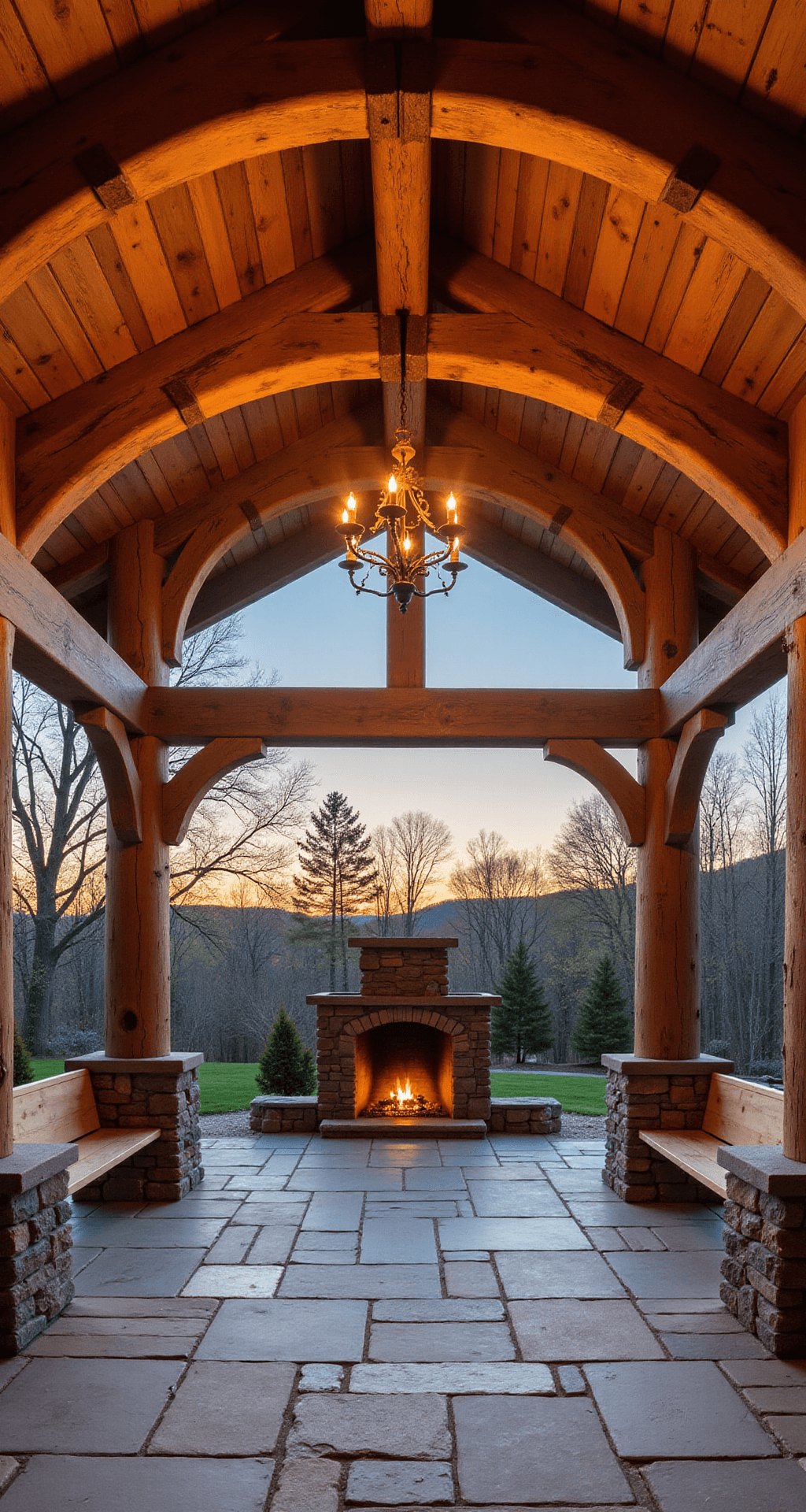 Outdoor Pavilions: The Complete Guide to Choosing the Perfect Backyard Retreat Rustic timber frame pavilion at sunset with massive Douglas-fir beams, stone fireplace, reclaimed barn wood benches, and wrought iron chandelier, set in a wooded property with oak trees.