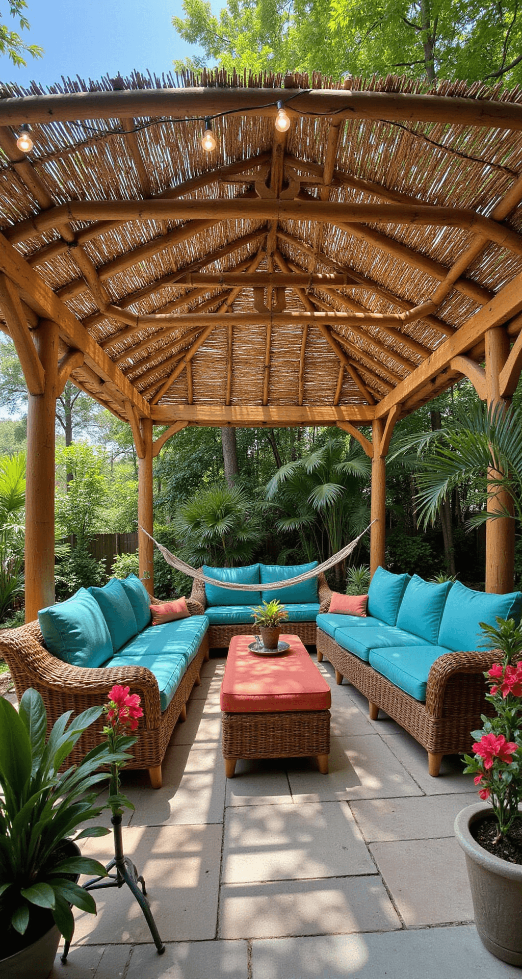 Outdoor Pavilions: The Complete Guide to Choosing the Perfect Backyard Retreat Tropical pergola pavilion with bamboo posts and thatch roofing casting dappled shadows over rattan furniture with turquoise and coral cushions, featuring a hammock, potted palm plants, and flowering vines, all on natural stone flooring, adorned with string lights, set in a suburban landscape.