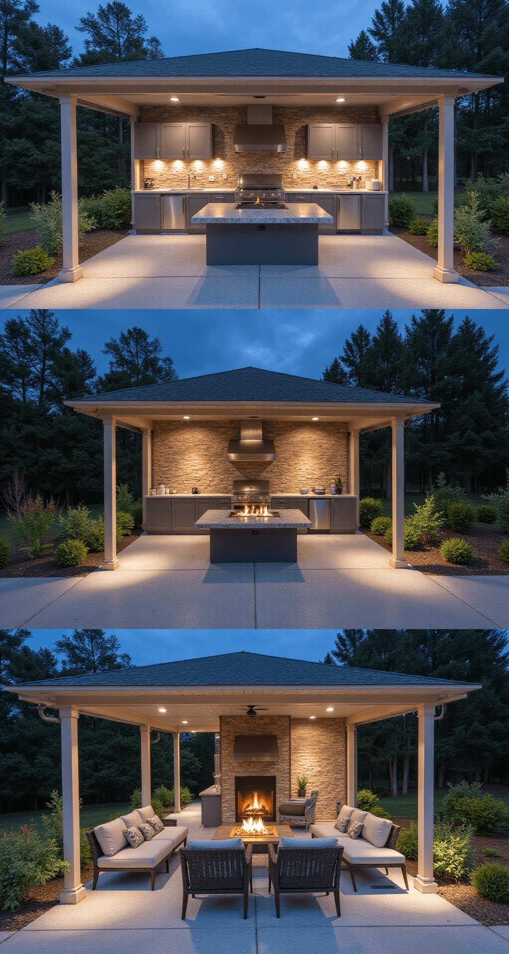 Outdoor Pavilions: The Complete Guide to Choosing the Perfect Backyard Retreat A multi-purpose pavilion design with a sleek flat roof featuring two zones: an outdoor kitchen with granite countertops and stainless steel appliances on the left, and a cozy lounge area with sectional seating around a fire pit on the right, all illuminated by integrated LED lighting and set on decorative aggregate-finished concrete flooring.