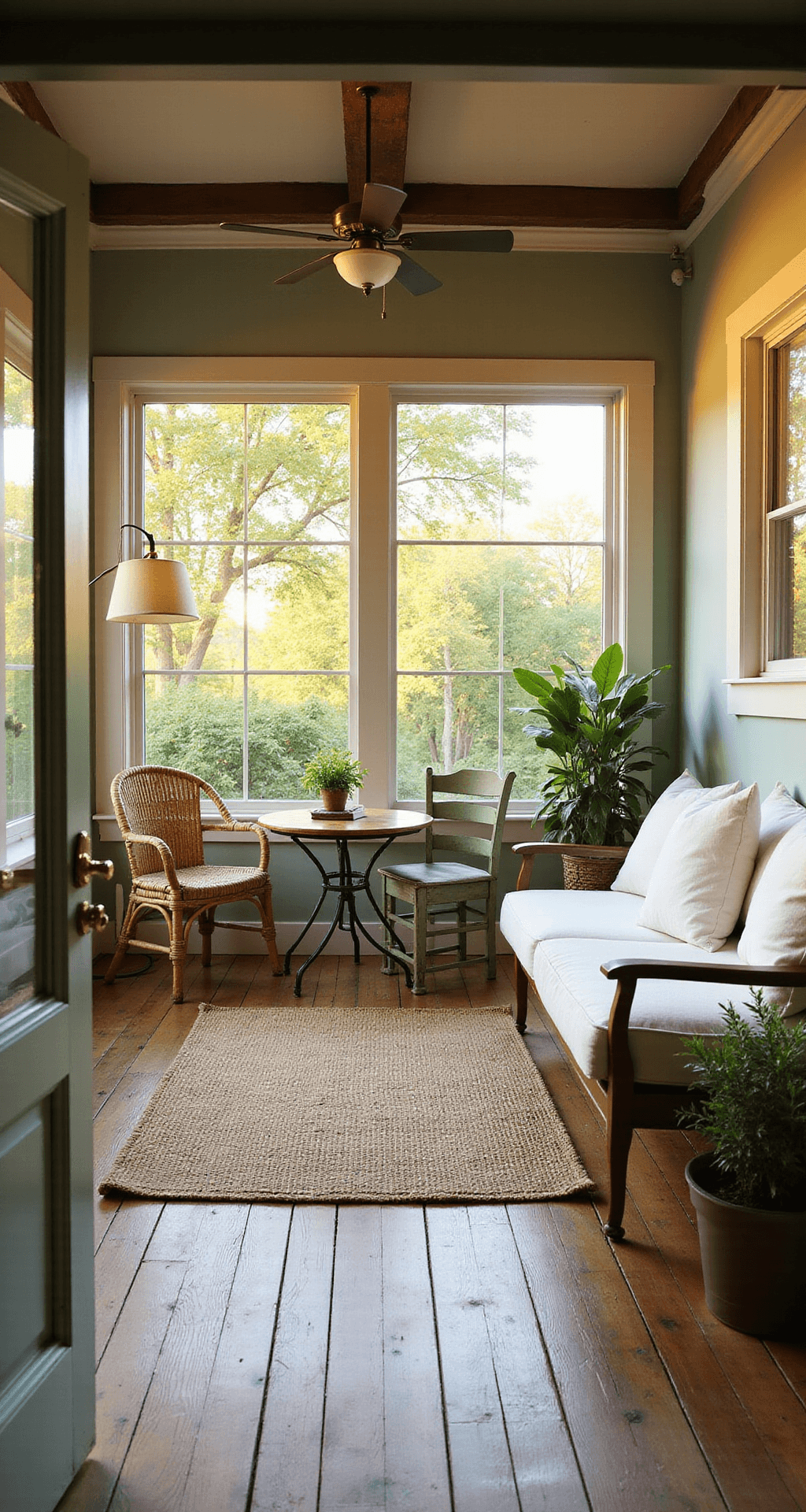 Enclosed Porch Decorating Ideas That'll Make You Never Want to Go Inside Wide-angle shot of a cozy enclosed porch with exposed ceiling beams, featuring a reading nook, a vintage bistro dining area, and a daybed lounge, all bathed in warm golden hour sunlight.