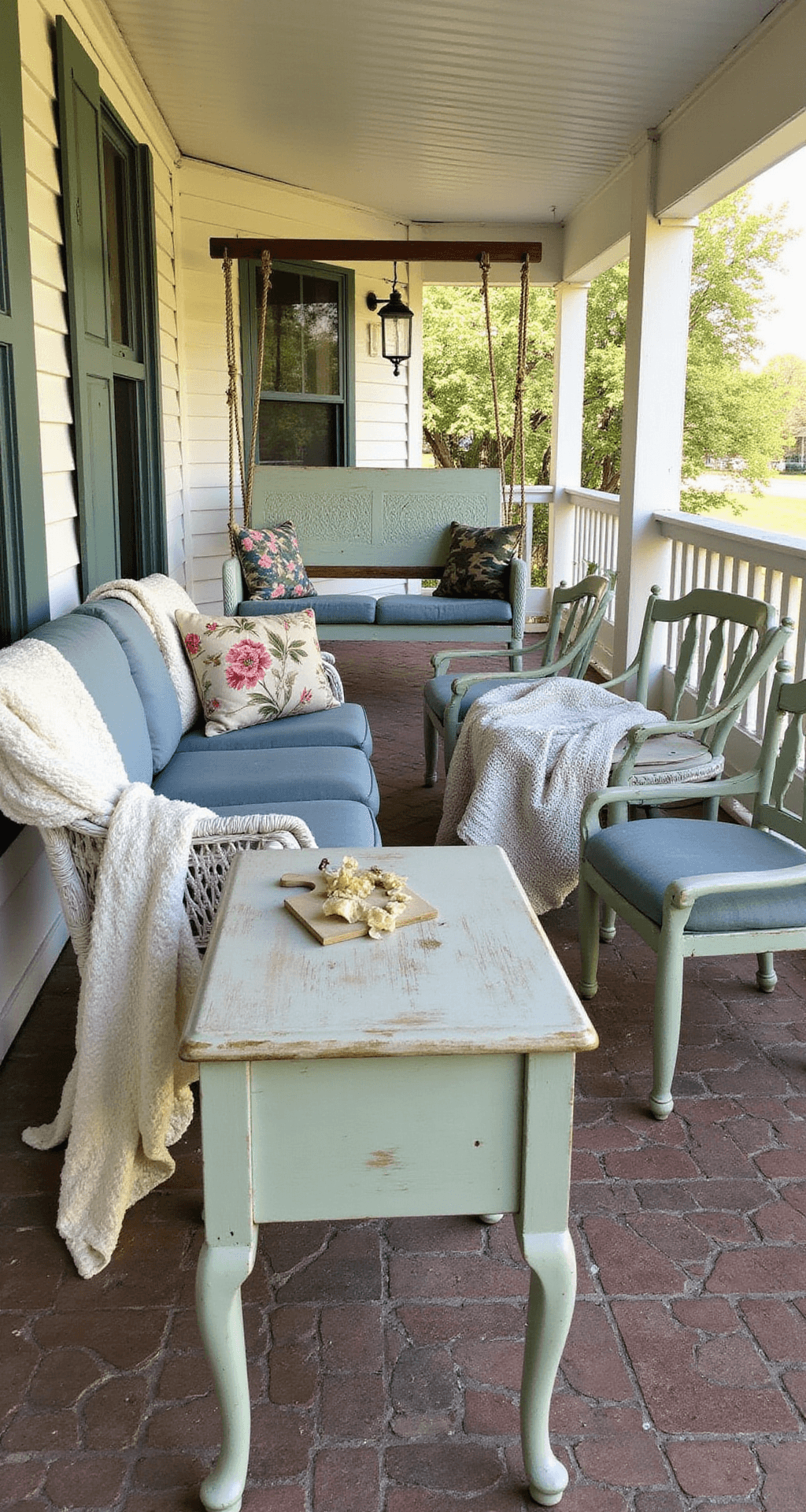 Enclosed Porch Decorating Ideas That'll Make You Never Want to Go Inside A cozy eclectic seating arrangement featuring an antique white wicker settee with faded blue cushions, mismatched sage green wooden chairs, and a reclaimed wood coffee table. In the background, a hanging porch swing adds charm. The scene is enhanced with vintage camo and floral throw pillows, cream cable-knit throws, and dappled afternoon light casting warm hues.