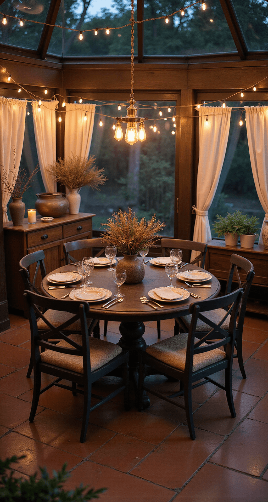 Enclosed Porch Decorating Ideas That'll Make You Never Want to Go Inside Overhead shot of a cozy enclosed porch dining area illuminated by string lights; dark wood round table surrounded by eclectic vintage chairs, rustic sideboard with ceramic vessels, thermal curtains partially drawn, brass pendant light above, and terracotta tile flooring, creating an intimate dinner party atmosphere.