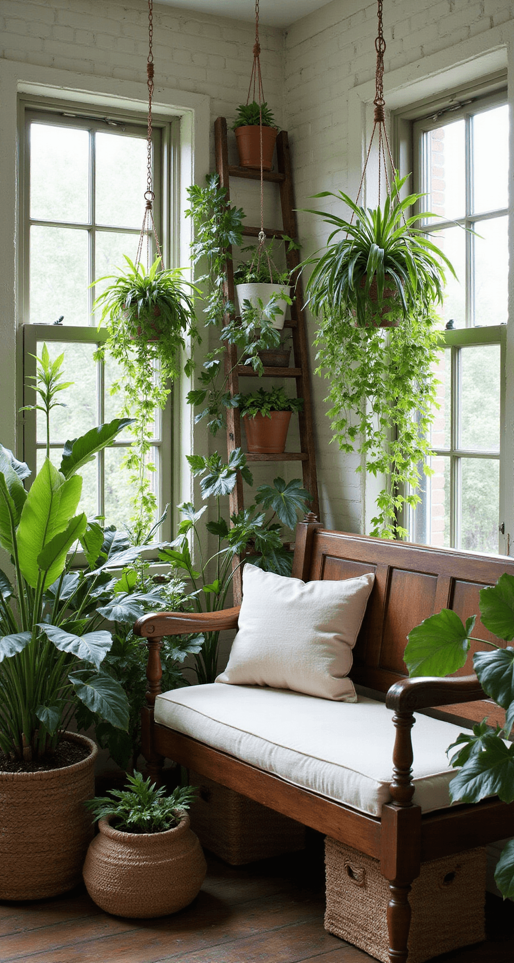 Enclosed Porch Decorating Ideas That'll Make You Never Want to Go Inside A cozy plant-filled corner featuring tall potted palms, cascading pothos in hanging planters, and a vintage wooden ladder displaying plants. An antique church pew with cream linen cushions sits beneath large windows, complemented by natural fiber baskets for storage. Morning light casts shadows through the foliage against a soft white exposed brick wall, creating a fresh, botanical atmosphere.