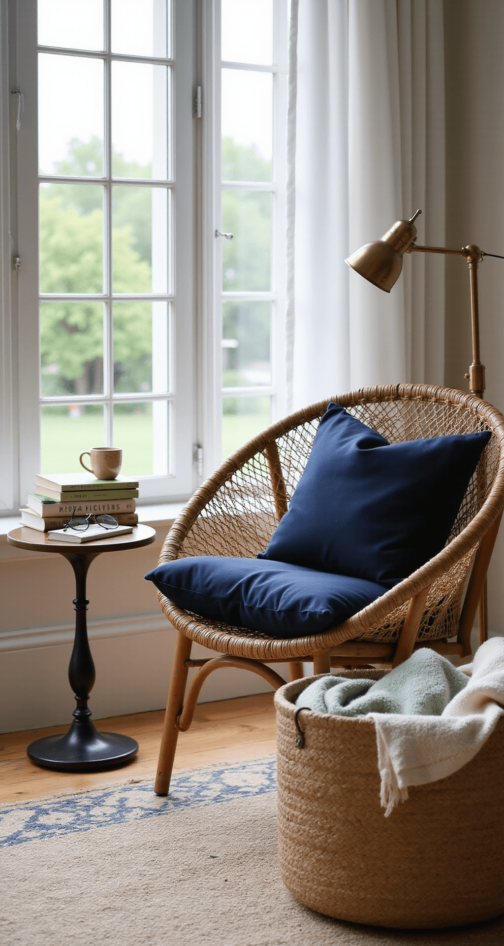 Enclosed Porch Decorating Ideas That'll Make You Never Want to Go Inside Cozy reading nook with a rattan chair and navy cushions by tall windows, featuring a side table with vintage books and a mug, a brass floor lamp, and a woven basket of throw blankets, all illuminated by soft, diffused natural light.