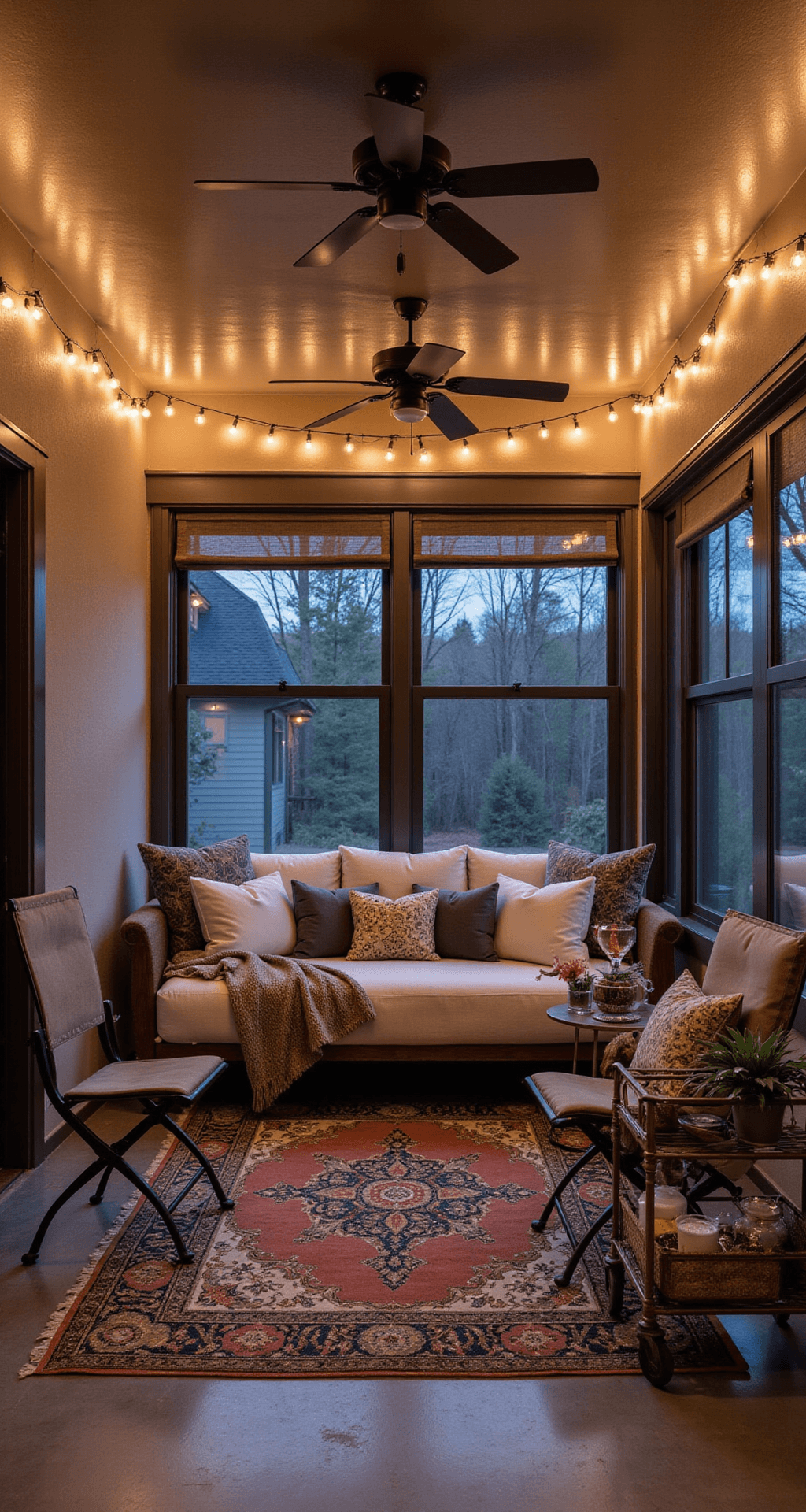 Enclosed Porch Decorating Ideas That'll Make You Never Want to Go Inside Wide shot of a cozy, temperature-controlled porch in winter twilight featuring a small electric fireplace, dark bronze ceiling fan, and charcoal gray thermal window treatments, with a daybed adorned with throw pillows, two bistro chairs, and a brass bar cart, illuminated by string lights and a vintage Persian-style rug on concrete floors, evoking a warm, inviting atmosphere.