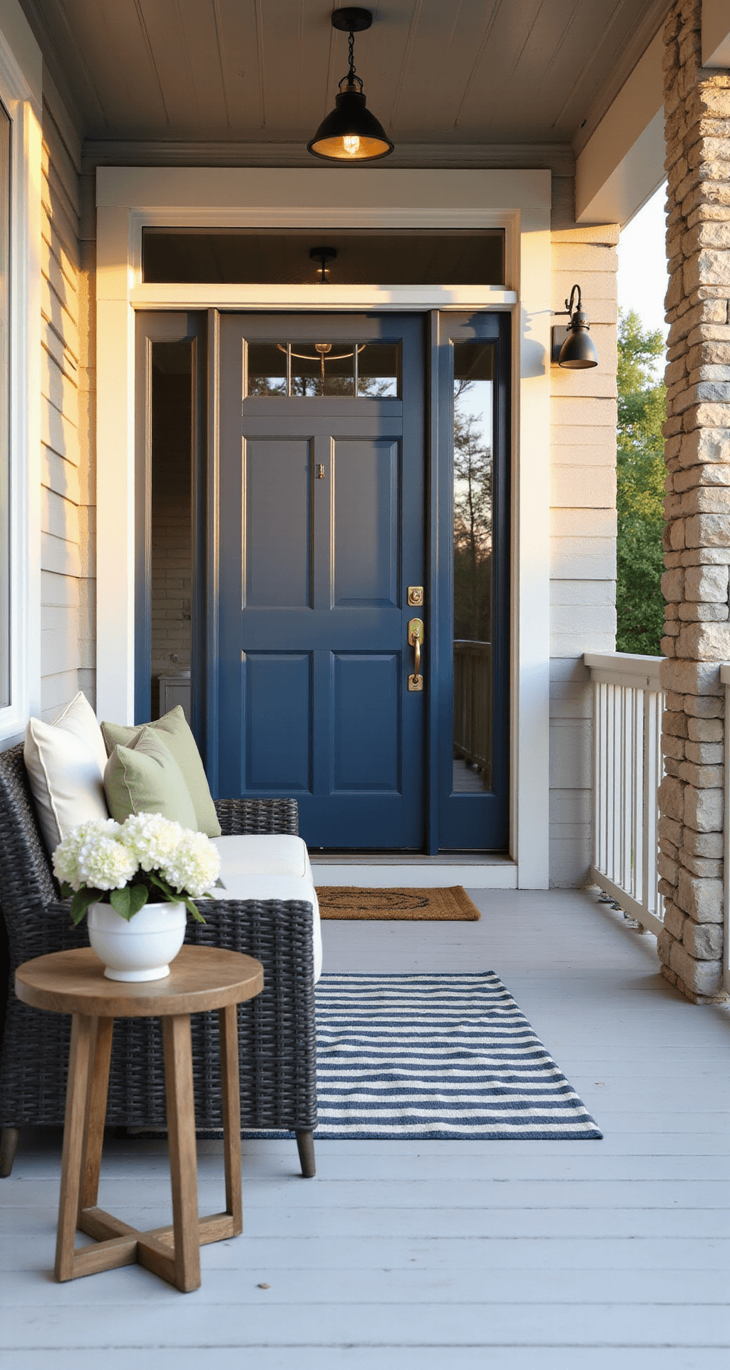 Front Porch Makeover Ideas That'll Make Your Neighbors Stop and Stare Photorealistic front porch scene featuring a navy blue front door with brass hardware, white composite decking, a charcoal gray wicker loveseat with cream cushions, and decorative elements like a ceramic planter with white hydrangeas, complemented by sage green throw pillows and a navy and cream striped rug, all illuminated by warm golden hour light.