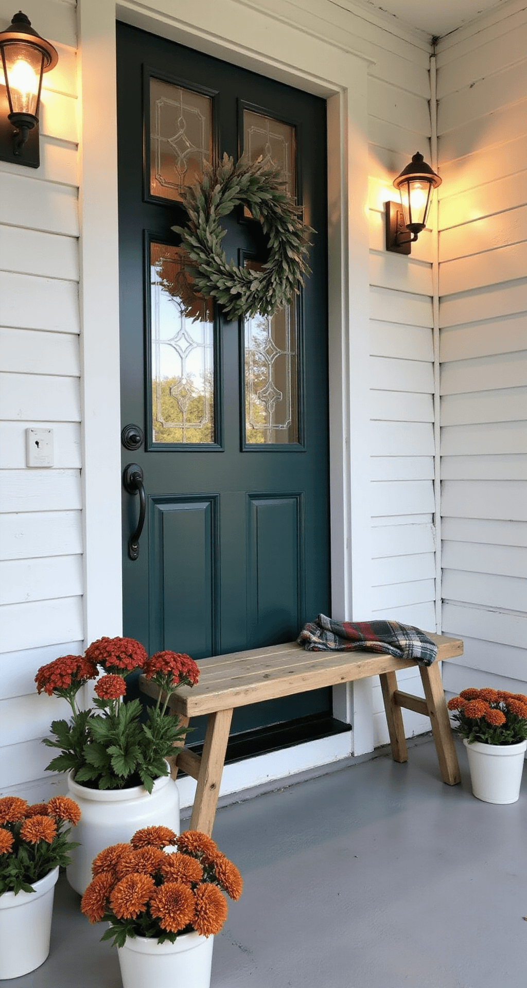 Front Porch Makeover Ideas That'll Make Your Neighbors Stop and Stare A cozy 6x6 front porch featuring a forest green door with decorative glass, flanked by white ceramic planters filled with autumn mums, a distressed wooden bench with a plaid throw, and modern farmhouse wall sconces, all bathed in warm evening light during the blue hour.