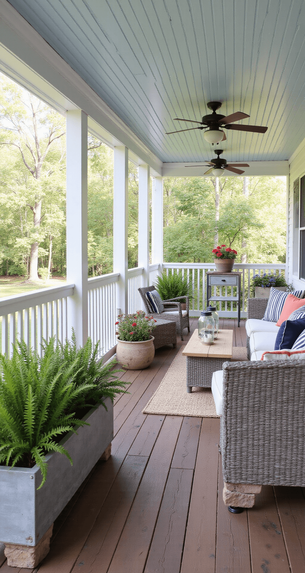 Front Porch Makeover Ideas That'll Make Your Neighbors Stop and Stare Spacious wraparound porch of a modern farmhouse with walnut flooring, white beadboard ceiling, gray wicker sectional sofa with striped cushions, metal planters with ferns and geraniums, exposed beams with string lights, and a distressed wood coffee table, all under soft morning light.