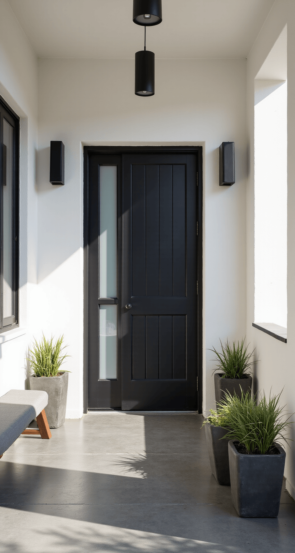 Front Porch Makeover Ideas That'll Make Your Neighbors Stop and Stare Contemporary minimalist front porch featuring charcoal gray concrete flooring, a sleek black front door, white stucco walls, geometric planters with succulents, a teak bench with gray cushion, and matte black pendant lights, all bathed in bright midday sunlight.