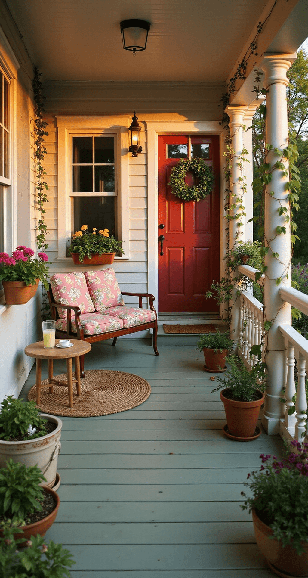 Front Porch Makeover Ideas That'll Make Your Neighbors Stop and Stare Cozy cottage-style front porch at sunset, featuring sage green wood flooring, white wainscoting, a vintage swing with floral cushions, a side table with lemonade, overflowing window boxes, mismatched planters, string lights, a braided jute rug, and a deep red front door with a seasonal wreath.