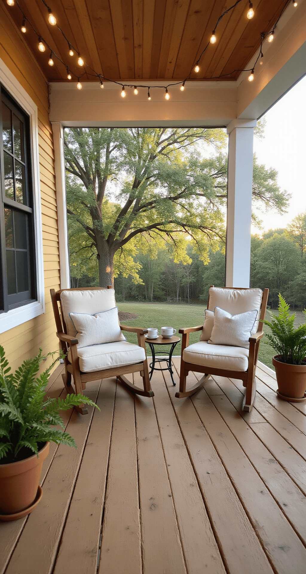 Screened Porch Design Ideas That'll Make You Never Want to Go Inside A spacious screened porch at golden hour featuring a white wood frame, charcoal mesh screens, weathered teak rocking chairs with cream cushions, a small round side table with coffee mugs and a blanket, potted Boston ferns, and warm ambient lighting from vintage string lights, all creating a tranquil and inviting atmosphere.