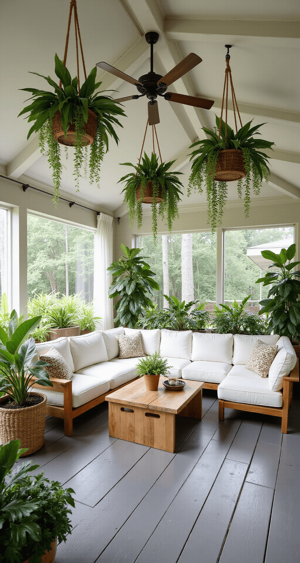 Screened Porch Design Ideas That'll Make You Never Want to Go Inside Interior view of a tropical-themed screened porch featuring a vaulted ceiling with white rafters, hanging planters, teak sectional furniture, live-edge coffee table, and lush greenery, all under bright afternoon light.