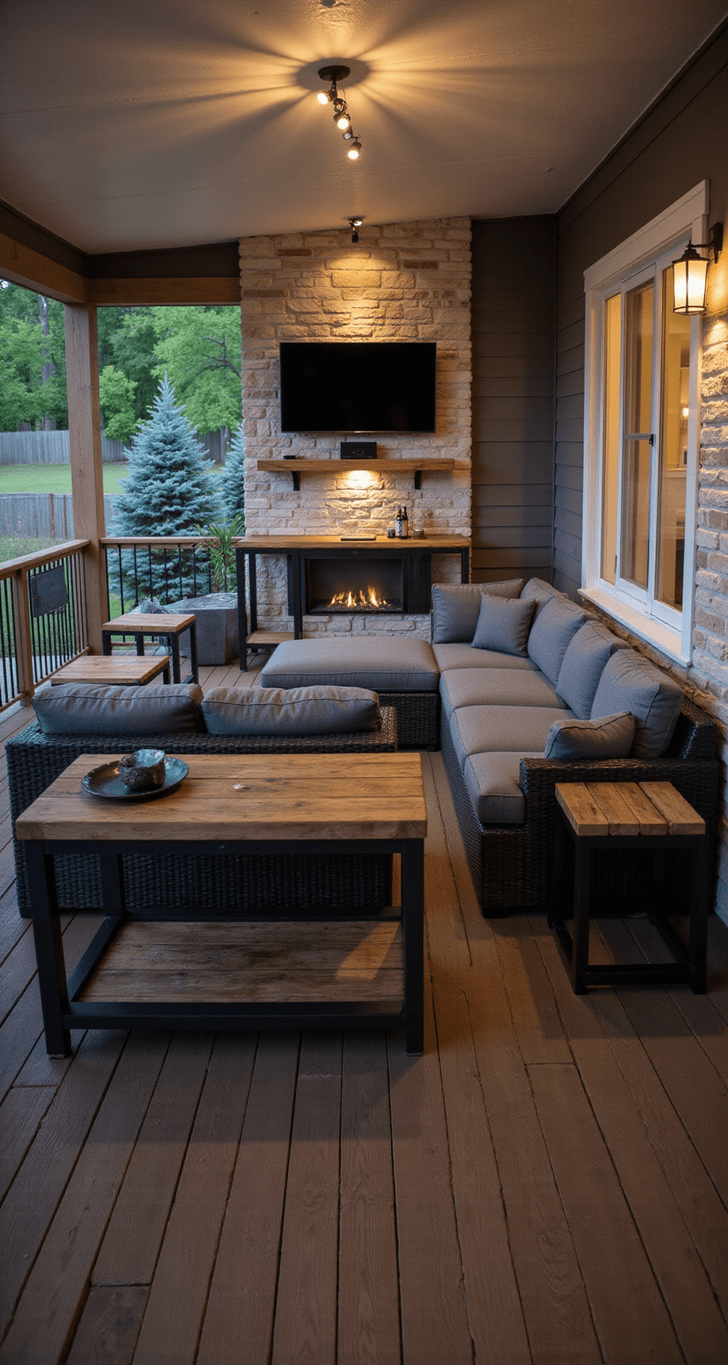 Screened Porch Design Ideas That'll Make You Never Want to Go Inside Entertainment-focused screened porch with charcoal gray sectional, wall-mounted TV, and warm ambient lighting, showcasing a sophisticated evening atmosphere.