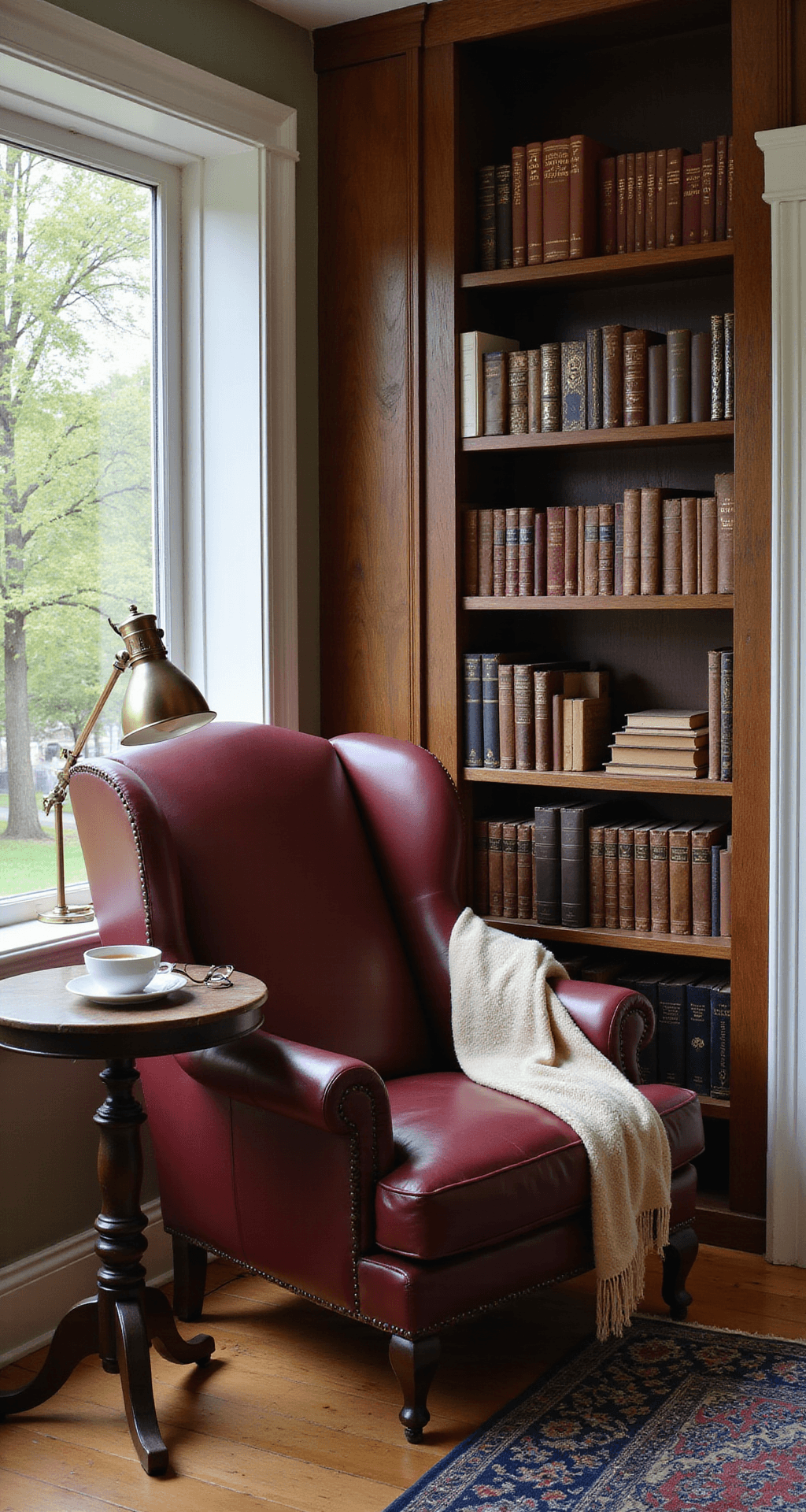 Screened Porch Design Ideas That'll Make You Never Want to Go Inside Cozy reading nook on a screened porch, featuring a burgundy leather wingback chair, adjustable brass reading lamp, small table with tea and glasses, and a wooden bookshelf. Warm hardwood floors and a vintage Persian rug enhance the inviting atmosphere, illuminated by soft morning light filtering through a maple tree.