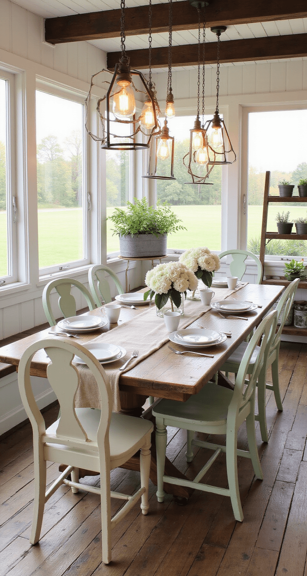 Screened Porch Design Ideas That'll Make You Never Want to Go Inside A rustic farmhouse-style screened porch dining area featuring a reclaimed wood table for six, mismatched vintage chairs, whitewashed hardwood flooring, and a beadboard ceiling with exposed beams, illuminated by mason jar pendant lights, adorned with a cream linen table runner and white ceramic dishes, with galvanized metal planters and a vintage wooden ladder displaying herbs.
