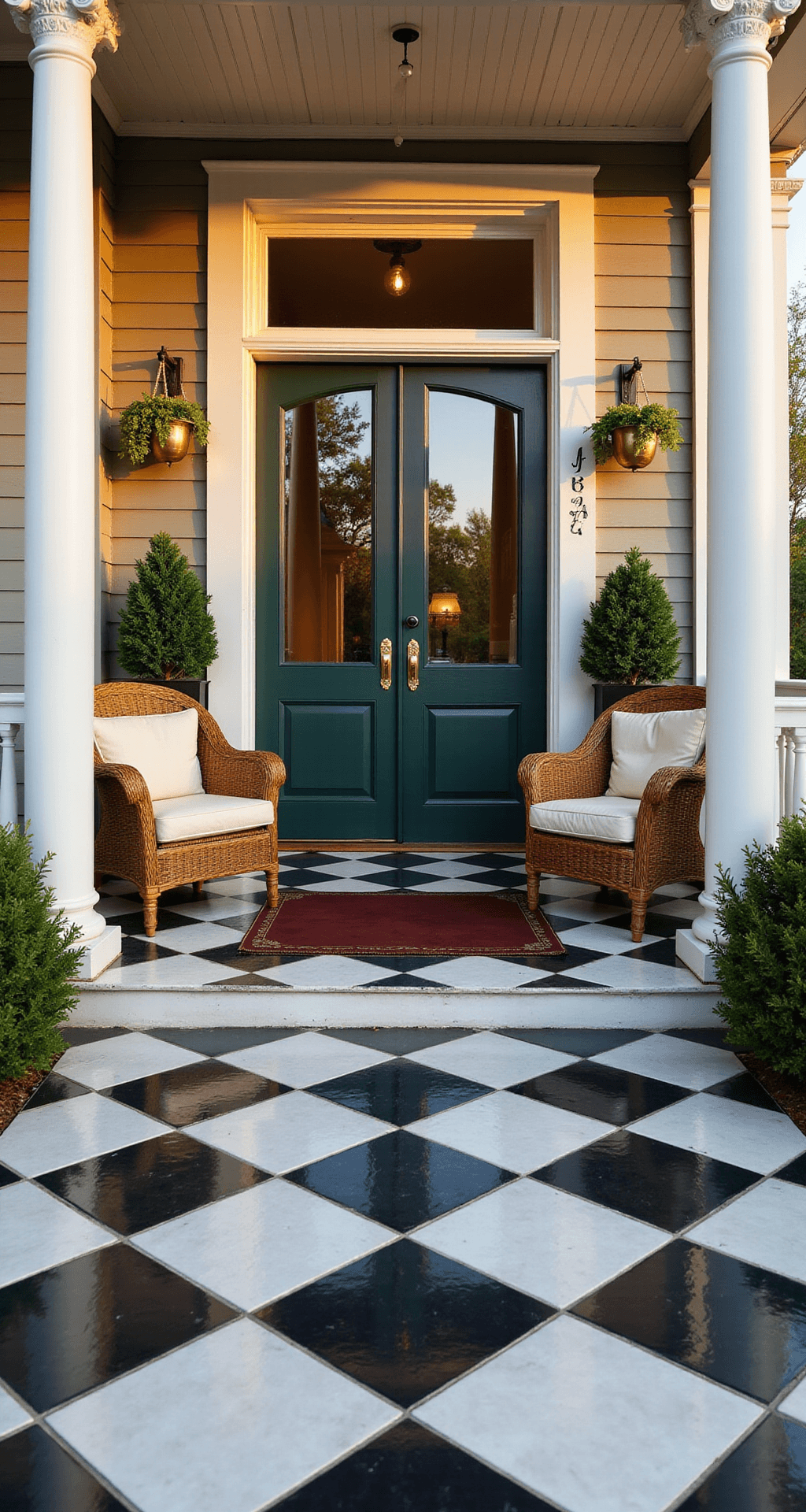 Porch Tile Patterns That'll Make Your Neighbors Stop and Stare Wide-angle view of an elegant Victorian front porch showcasing black and white checkerboard tiles, warm afternoon light filtering through white columns, burgundy welcome mat, dark green double doors, vintage wicker furniture, and hanging ferns, all enhancing the traditional charm.