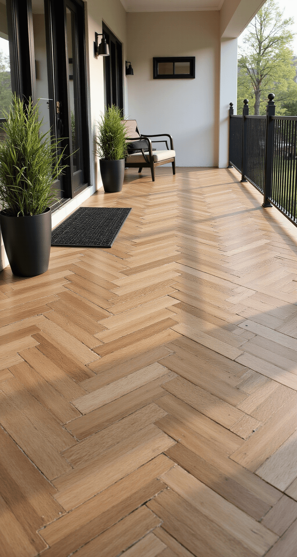 Porch Tile Patterns That'll Make Your Neighbors Stop and Stare Close-up of a herringbone porch pattern made of honey-toned wood-look porcelain planks, showcasing dynamic zigzag movement with thin charcoal grout lines, a sleek black welcome mat, and modern planters, illuminated by soft morning light.