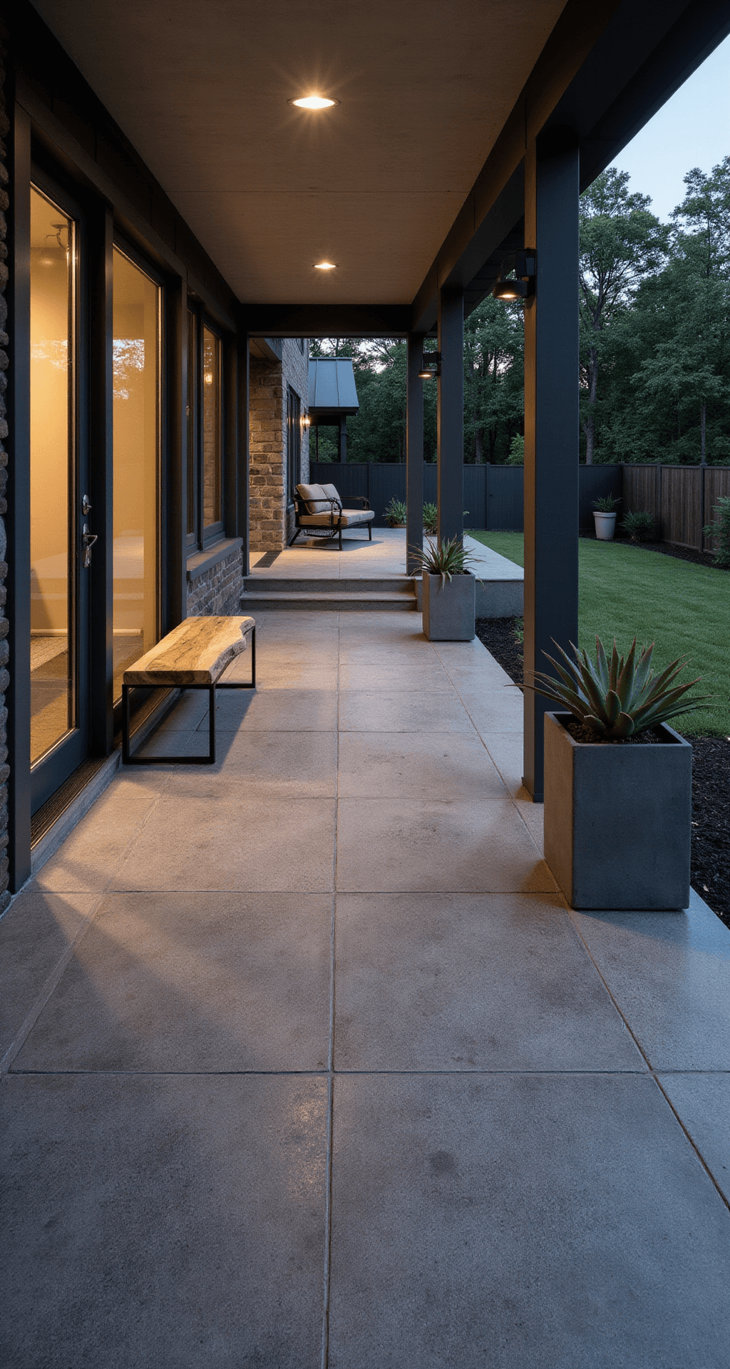Porch Tile Patterns That'll Make Your Neighbors Stop and Stare Aerial view of a modern porch showcasing large-format charcoal grey porcelain tiles, integrated LED uplighting, and contemporary steel and wood furniture, including a live-edge bench and minimalist planters with succulents.