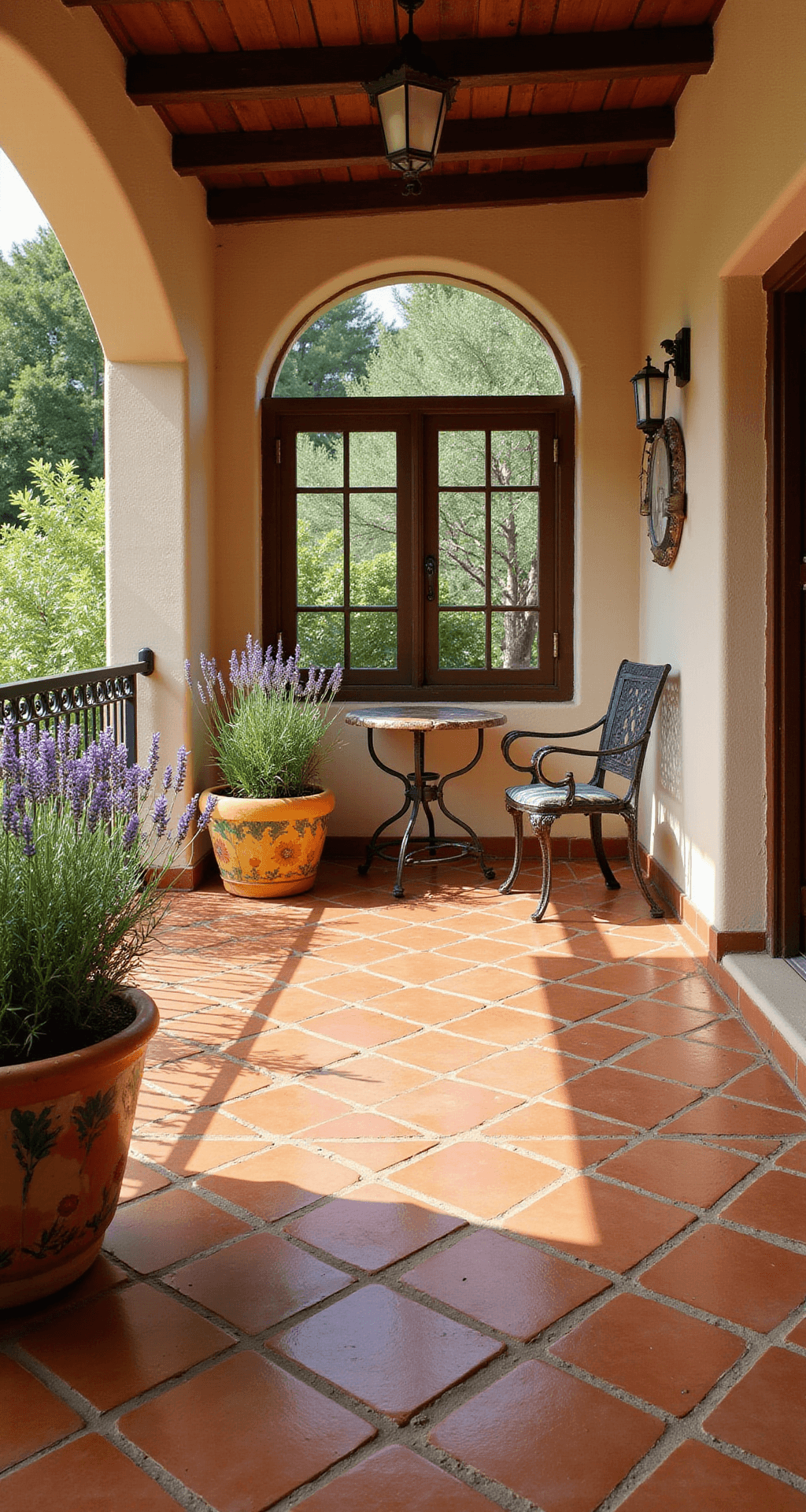 Porch Tile Patterns That'll Make Your Neighbors Stop and Stare Warm mid-morning light highlights a terracotta diagonal tile pattern on a Mediterranean-style porch, with rich orange and clay tones, cream-colored grout, wrought iron furniture, and colorful ceramic planters, framed by exposed wooden beams and stucco walls.