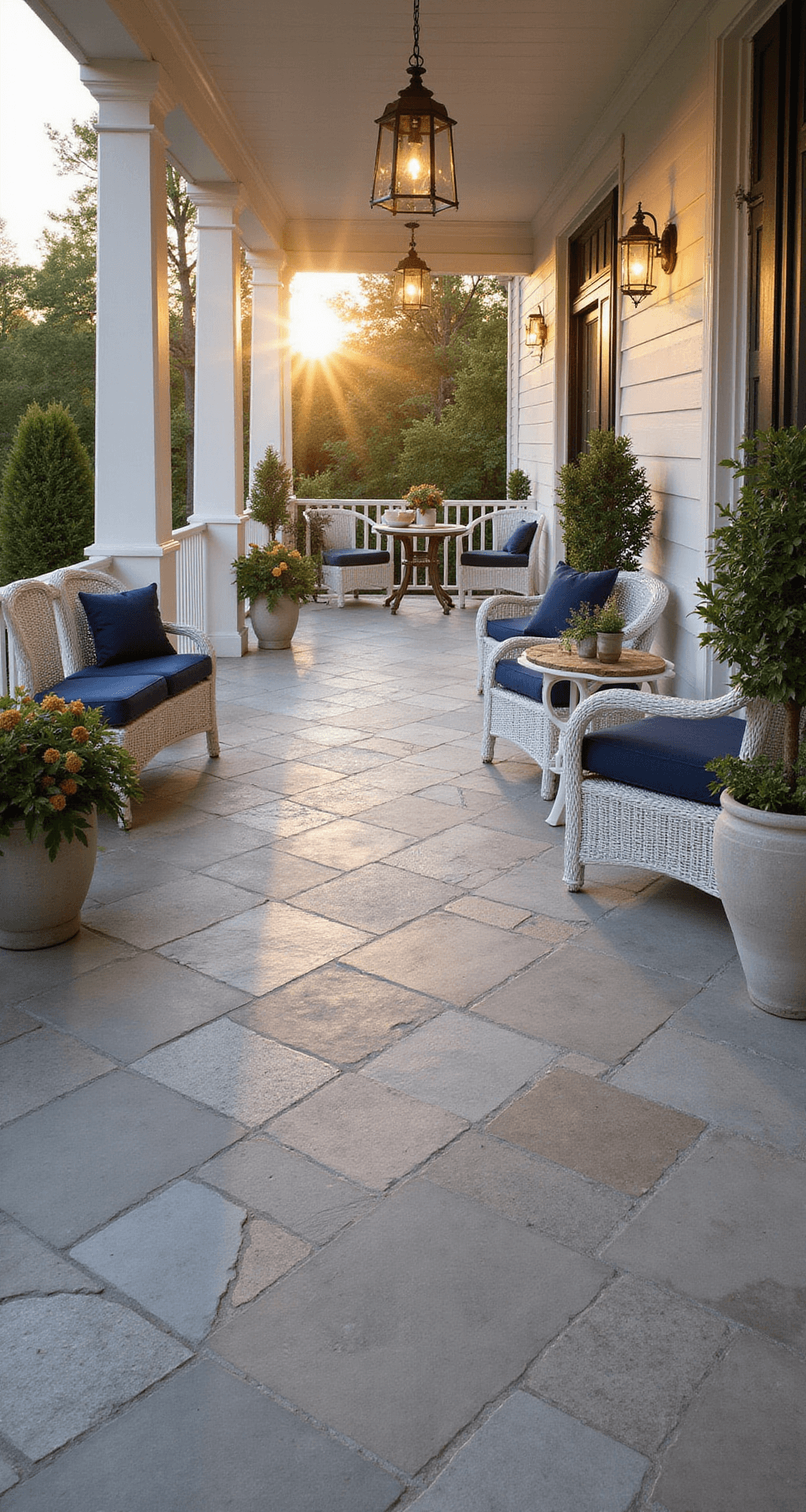 Porch Tile Patterns That'll Make Your Neighbors Stop and Stare Sophisticated mixed-size tile pattern in muted grey tones on an upscale porch, illuminated by warm evening light, featuring limestone-look field tiles and accent squares, with traditional white wicker seating and brass lanterns.