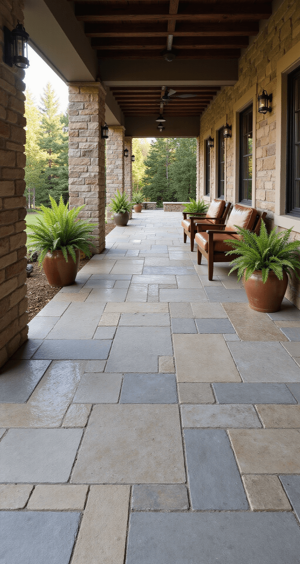Porch Tile Patterns That'll Make Your Neighbors Stop and Stare Early morning light highlights a craftsman-style porch with elegant stone ashlar porcelain tiles in varied sizes, featuring natural grey and beige tones. Mission-style furniture and copper planters with ferns enhance the arts and crafts aesthetic, framed by exposed rafter tails and stone columns.