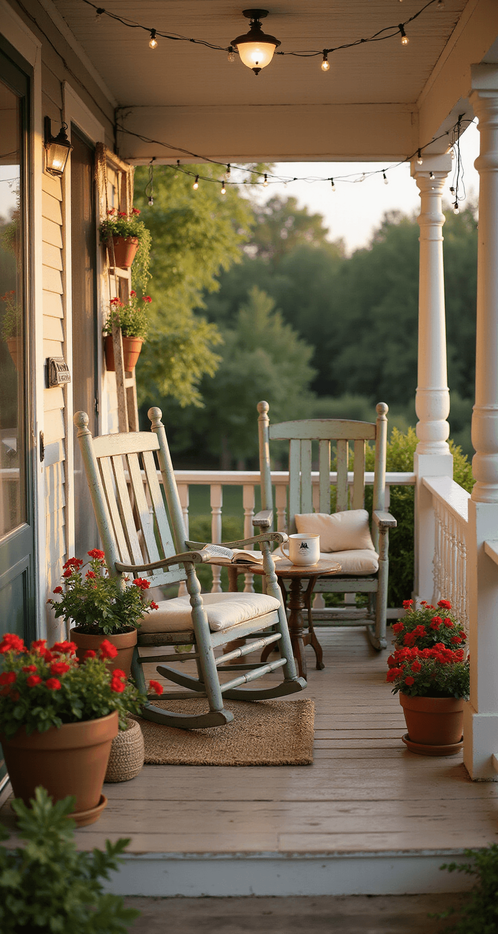 How I Transformed My Cottage Porch Into the Coziest Spot on the Block Intimate porch scene with vintage rockers, warm sunlight, and potted geraniums at golden hour.