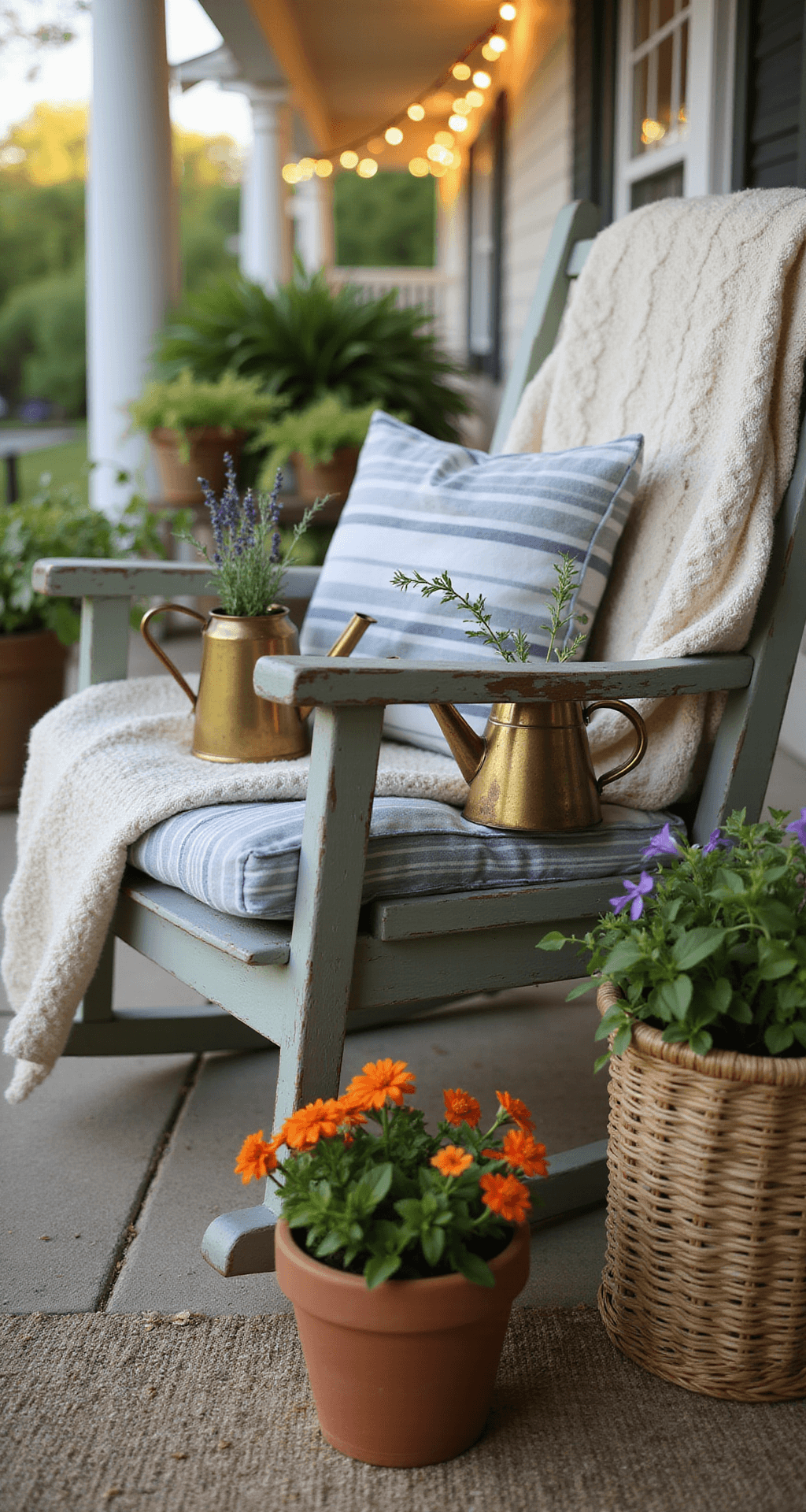 How I Transformed My Cottage Porch Into the Coziest Spot on the Block Close-up shot of a weathered wooden table on a cottage porch, adorned with vintage brass watering cans filled with lavender and rosemary, a crochet throw on a sage-painted rocking chair, terracotta pots with geraniums, and trailing pothos, all illuminated by soft morning light and surrounded by a jute rug and wicker basket.