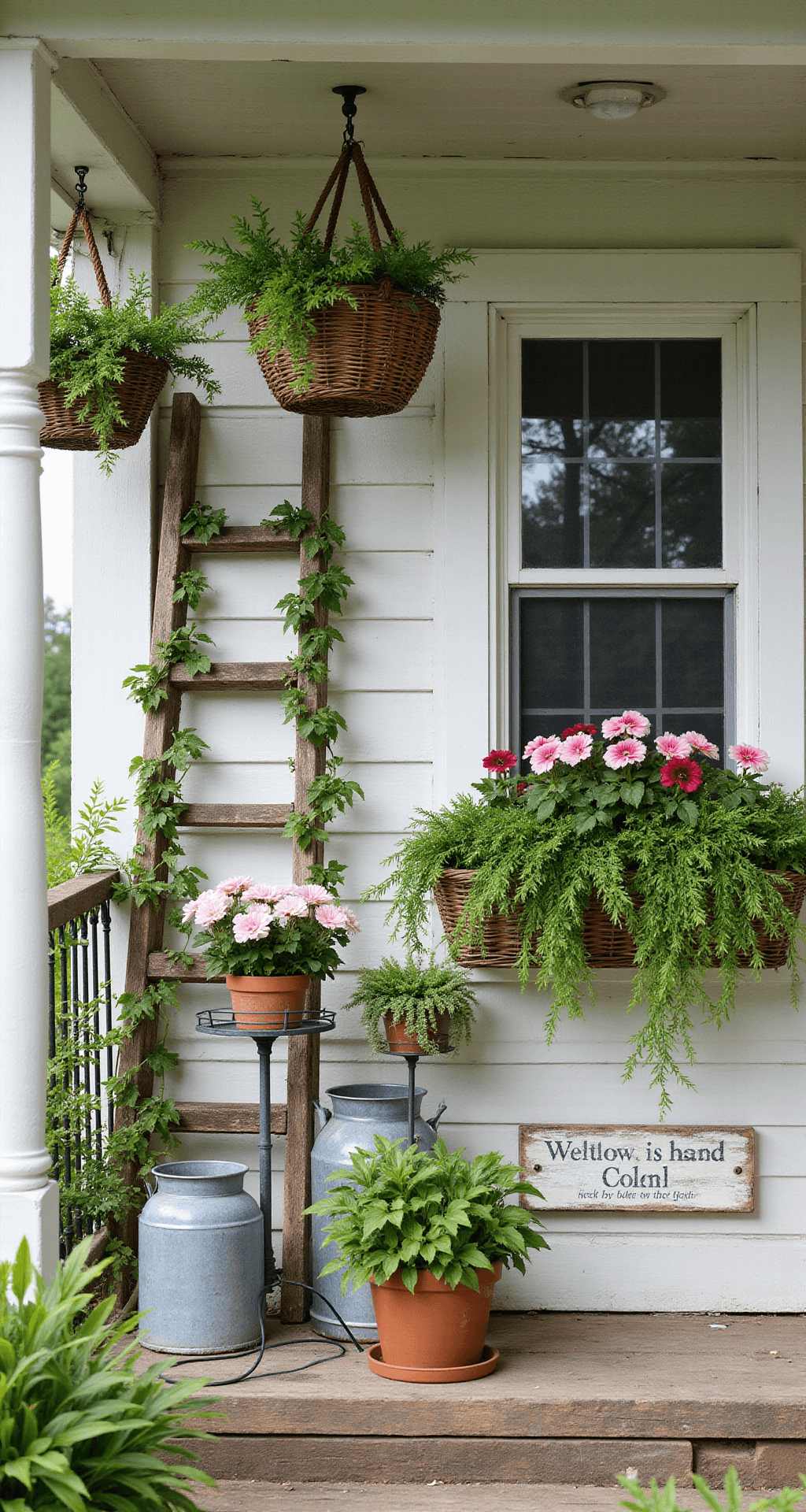 How I Transformed My Cottage Porch Into the Coziest Spot on the Block A sunlit cottage porch adorned with multi-level greenery, featuring a weathered wooden ladder, faux ivy garlands, hanging wicker baskets overflowing with petunias, vintage plant stands with ferns and pothos, and colorful mismatched pots of seasonal flowers. A window box brimming with trailing ivy and blooms, alongside a wall-mounted wooden welcome sign, all captured from a low angle to emphasize the lush layers and textures.