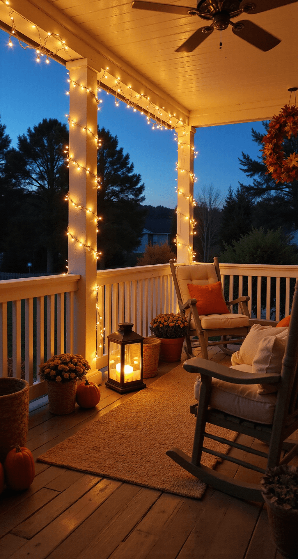 How I Transformed My Cottage Porch Into the Coziest Spot on the Block Wide shot of a cozy cottage porch in the evening, warmly lit with string lights and lanterns, featuring sage-painted rocking chairs, autumn decorations, and a jute rug, set against a dusky blue sky.
