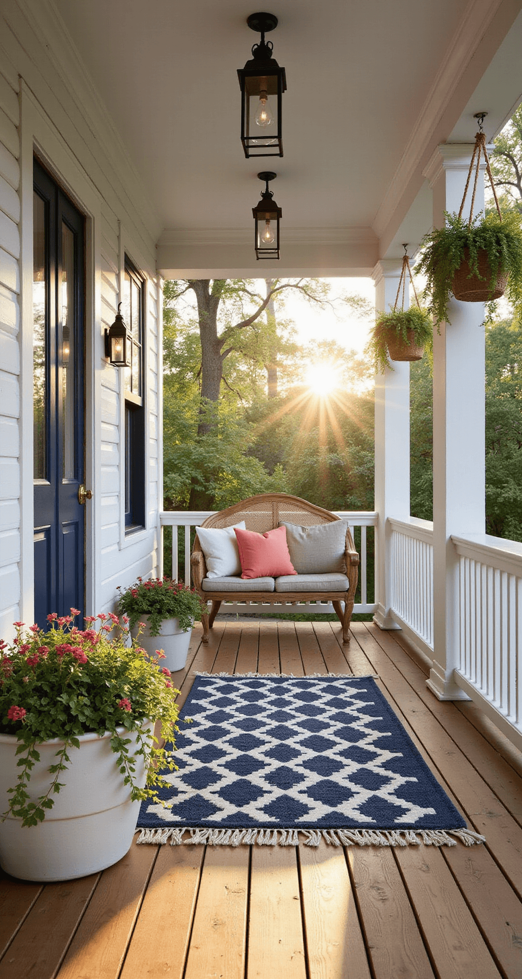 Front Porch Design Ideas That'll Make Your Neighbors Stop and Stare Photorealistic front porch at golden hour with wraparound veranda, featuring a navy blue front door, brass hardware, ceramic planters with geraniums and ivy, geometric outdoor rug, teak bench with coral pillows, hanging ferns, and warm lantern lighting, surrounded by dappled sunlight filtering through oak trees. Color palette includes navy, cream, coral, and sage green.