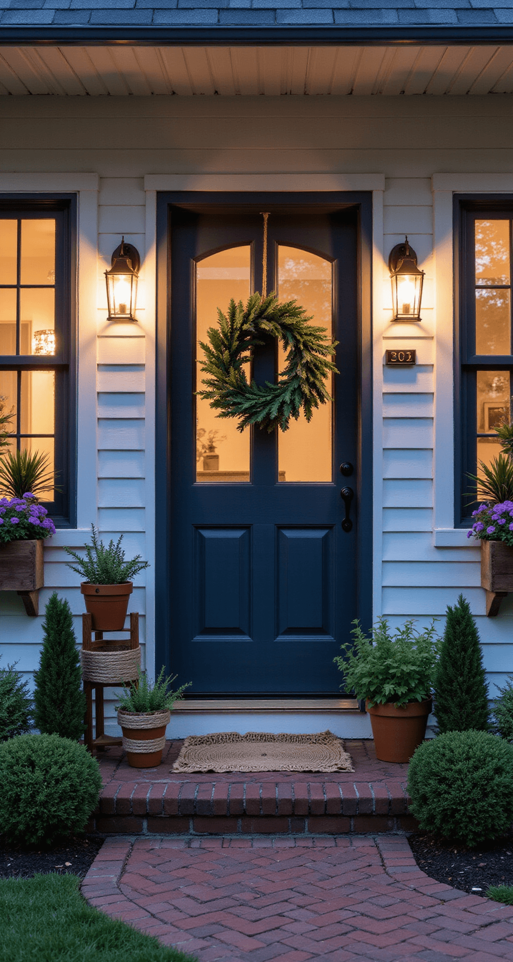Front Porch Design Ideas That'll Make Your Neighbors Stop and Stare Photorealistic image of an intimate front stoop at blue hour, featuring a narrow brick porch with a charcoal front door decorated with a eucalyptus wreath, wooden plant stands with terracotta pots, and warm copper lanterns illuminating the space, surrounded by window boxes filled with purple mums, set against a deep blue evening sky.