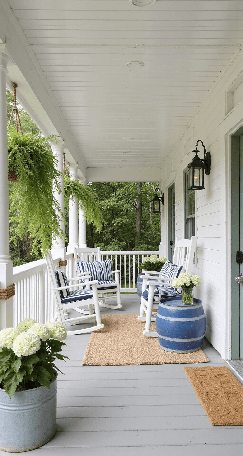 Front Porch Design Ideas That'll Make Your Neighbors Stop and Stare Photorealistic coastal front porch showcasing a wide veranda with whitewashed wood ceiling, rocking chairs, and beach-themed decor, illuminated by morning light.