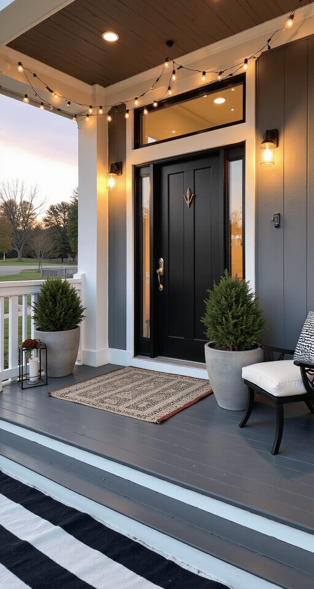 Front Porch Design Ideas That'll Make Your Neighbors Stop and Stare Photorealistic modern farmhouse porch at sunset featuring a black front door with brass hardware, concrete planters with boxwood and burgundy mums, charcoal gray decking, white railings, striped outdoor rug, steel bench with cream cushions, and warm Edison bulb lighting.
