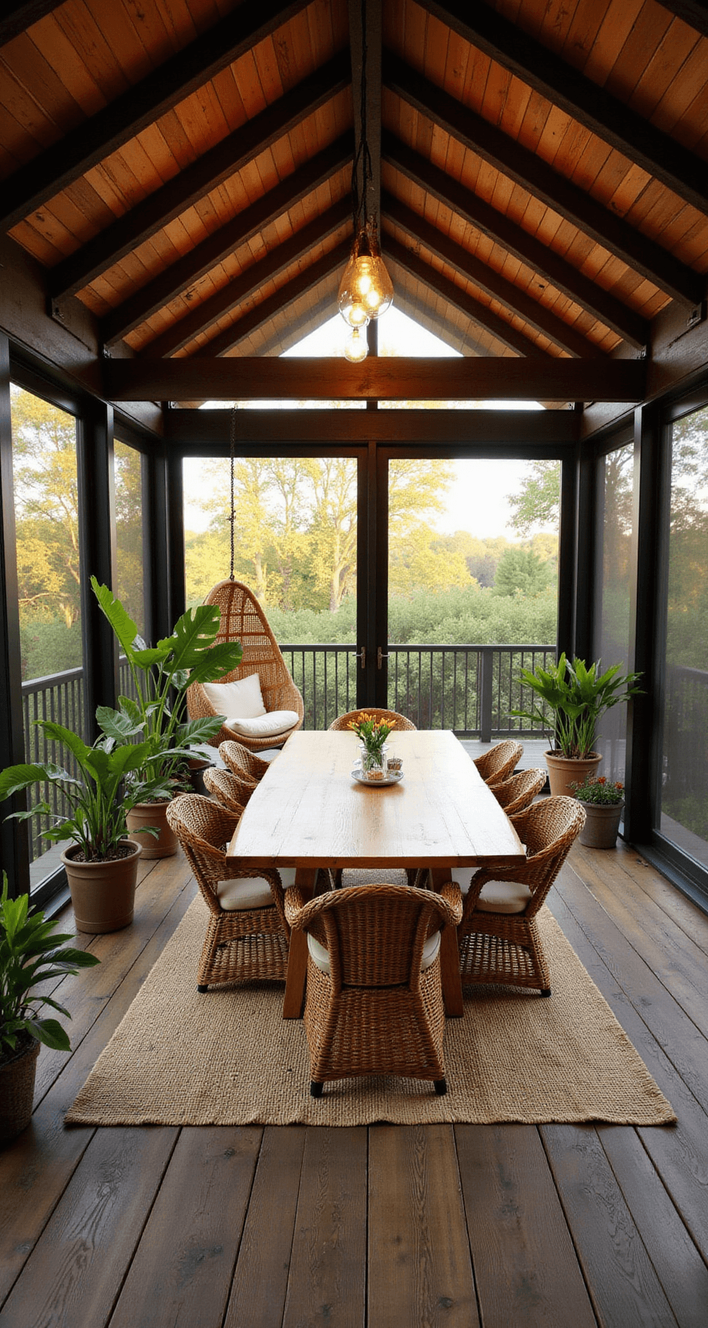 Screened-In Back Porch Designs That'll Make You Actually Want to Go Outside Tropical screened porch during golden hour featuring a live edge acacia wood dining table with wicker chairs, oversized plants, and a rattan hanging chair, illuminated by warm sunlight and Edison bulb string lights.