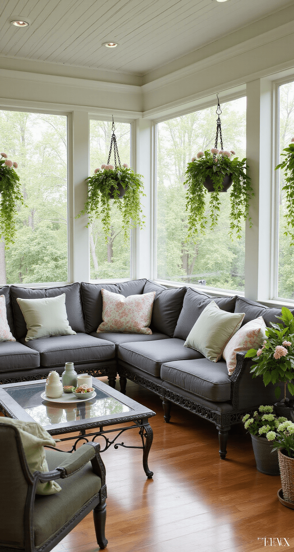 Screened-In Back Porch Designs That'll Make You Actually Want to Go Outside Elegant floral sanctuary in a screened porch with an L-shaped layout, featuring a charcoal sectional sofa adorned with blush and sage pillows, hanging planters with petunias and ivy, honey oak hardwood flooring, and a wrought iron coffee table, all illuminated by warm dimmable LED lighting.