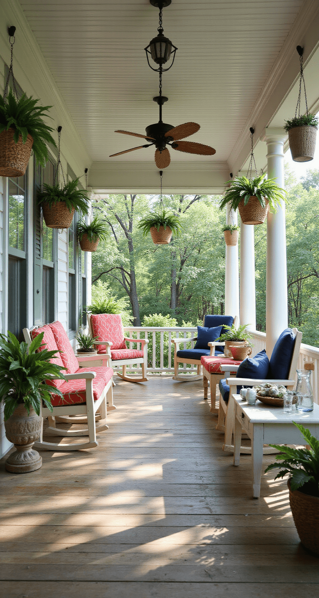 Screened-In Back Porch Designs That'll Make You Actually Want to Go Outside A charming southern hospitality screened porch featuring a wraparound design with white columns and dark green trim. Four non-matching rocking chairs in white, sage, and natural wood are arranged in a conversational grouping, adorned with bright coral and navy blue cushions. The heart pine flooring showcases beautiful grain patterns, while ceiling fans with woven rattan blades circulate air gently. Large Boston fern hanging baskets add greenery, and vintage-inspired side tables in distressed white hold glass pitchers and ceramic pieces, all under dappled mid-afternoon sunlight.