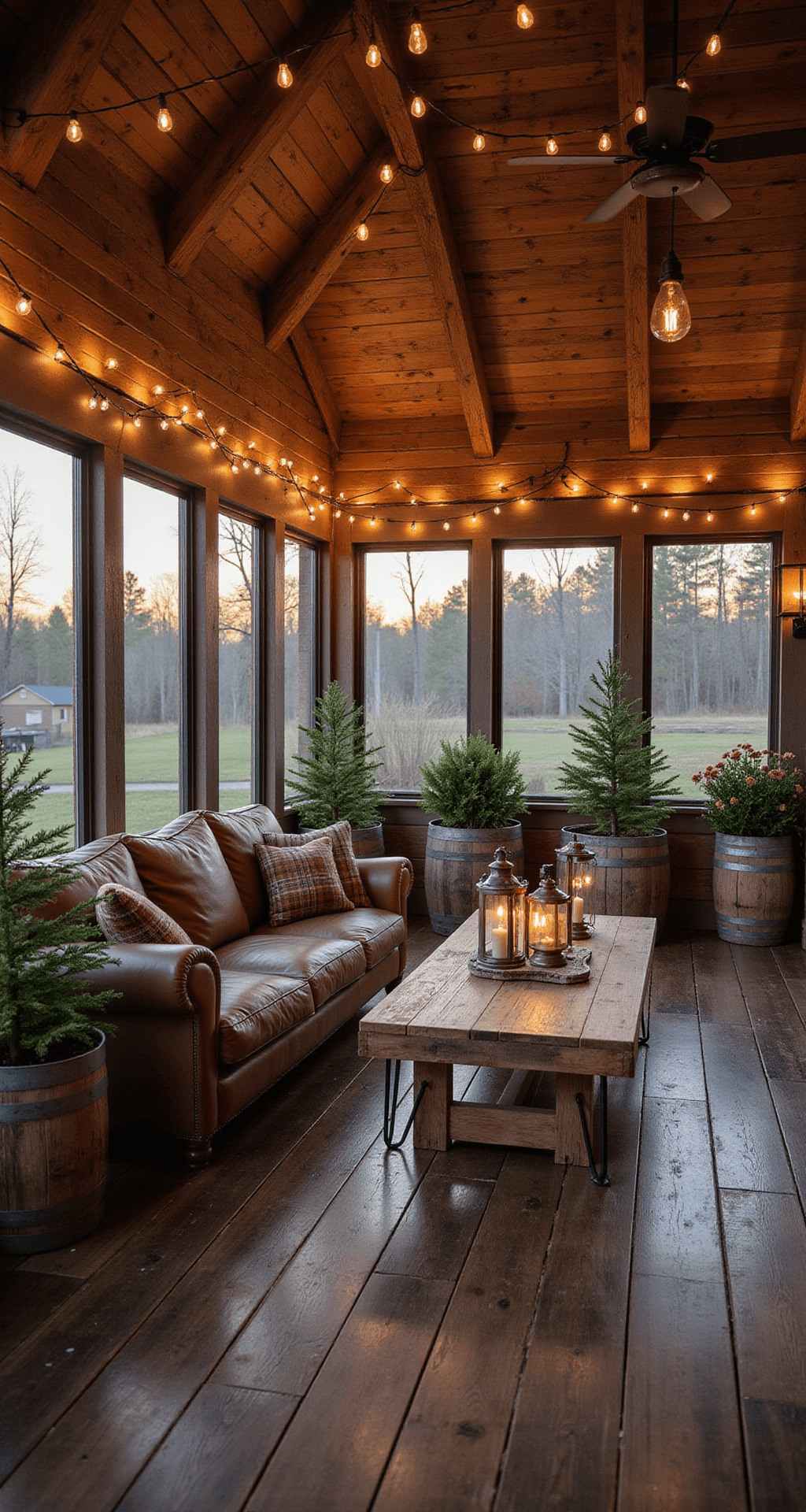 Screened-In Back Porch Designs That'll Make You Actually Want to Go Outside Rustic screened porch at sunset featuring reclaimed barn wood ceiling, dark stained beams, oversized brown leather sectional with plaid pillows, reclaimed wood coffee table with lanterns, dark walnut plank flooring, Edison bulb string lights, whiskey barrel planters with greenery, and vintage camp chairs, captured from a corner angle.