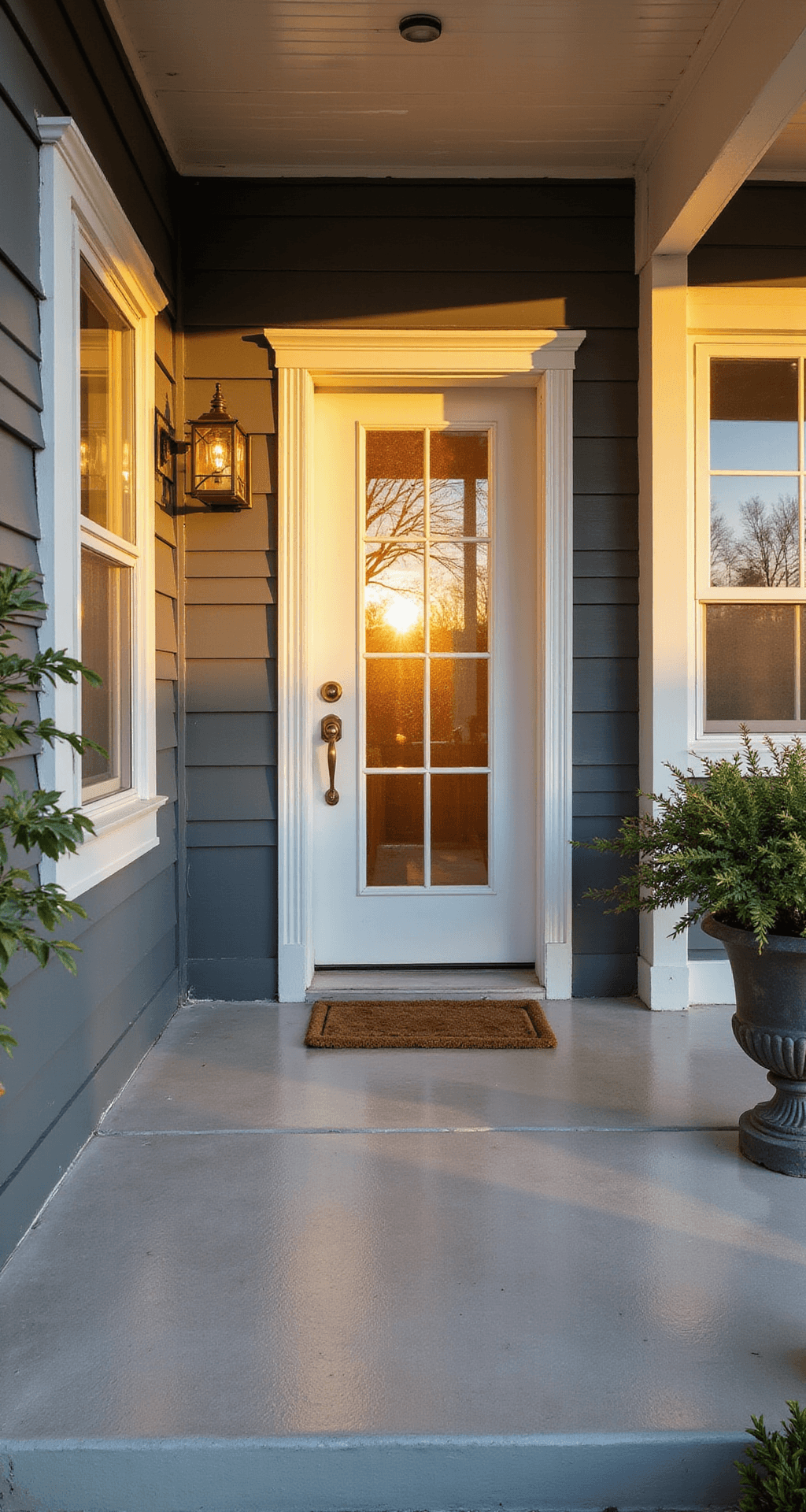 Transform Your Front Porch Into the Neighborhood's Envy: 27 Ideas That Actually Work Wide angle image of a pristine 6x8 foot front porch at golden hour, highlighting a cleaning transformation with gleaming concrete flooring, spotless white trim, and polished brass fixtures, all illuminated by warm sunlight, showcasing enhanced cleanliness and detail clarity.