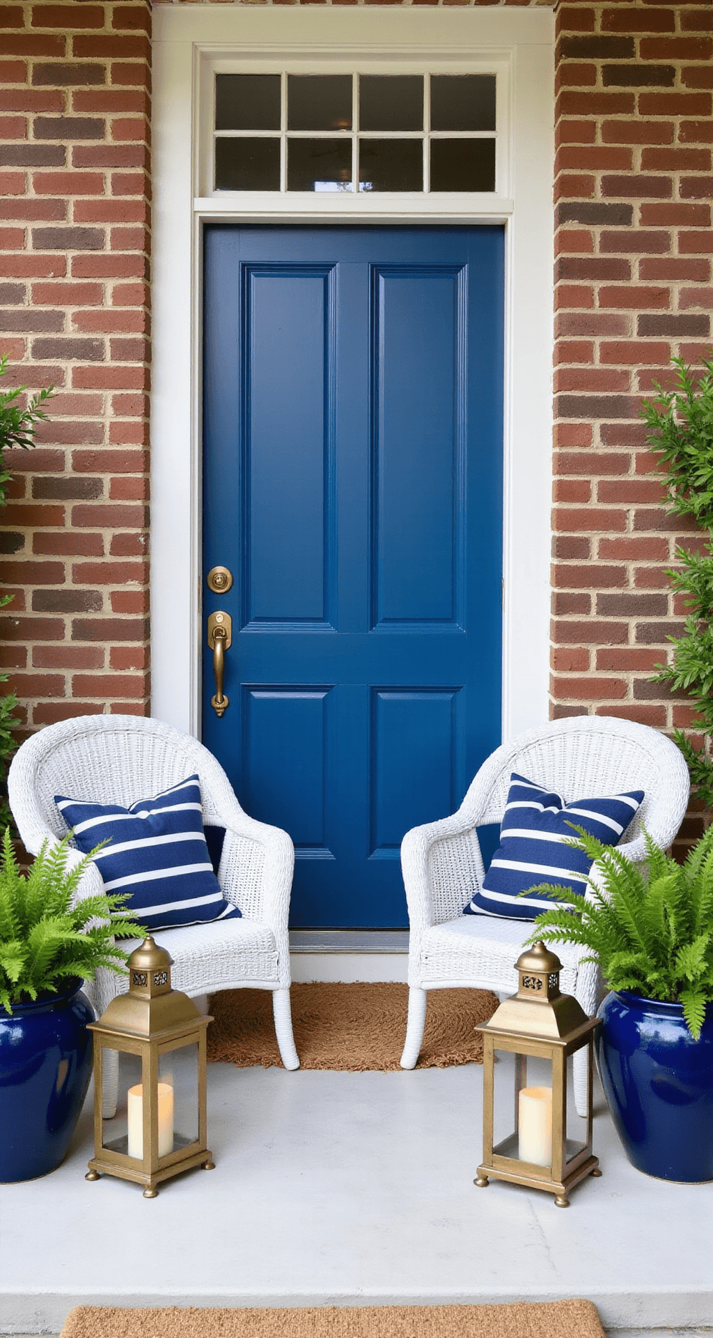 Transform Your Front Porch Into the Neighborhood's Envy: 27 Ideas That Actually Work A symmetrical exterior view featuring matching deep navy ceramic planters with lush ferns flanking a royal blue front door. Wicker chairs with navy and white striped pillows sit evenly on either side, complemented by brass lanterns with warm candles. A natural fiber jute rug is centered on a brick colonial facade, all bathed in soft morning light that enhances a cohesive palette of navy, white, and natural materials.