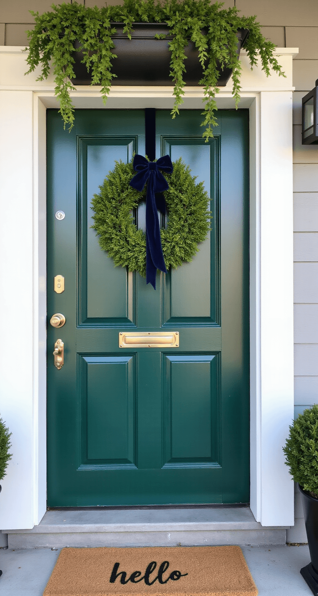 Transform Your Front Porch Into the Neighborhood's Envy: 27 Ideas That Actually Work Close-up of a stunning forest green front door featuring high-gloss paint, brushed brass house numbers, a seasonal boxwood wreath with navy ribbon, new brass hardware, and a crisp white trim, complemented by a coir doormat and a window box with trailing ivy.