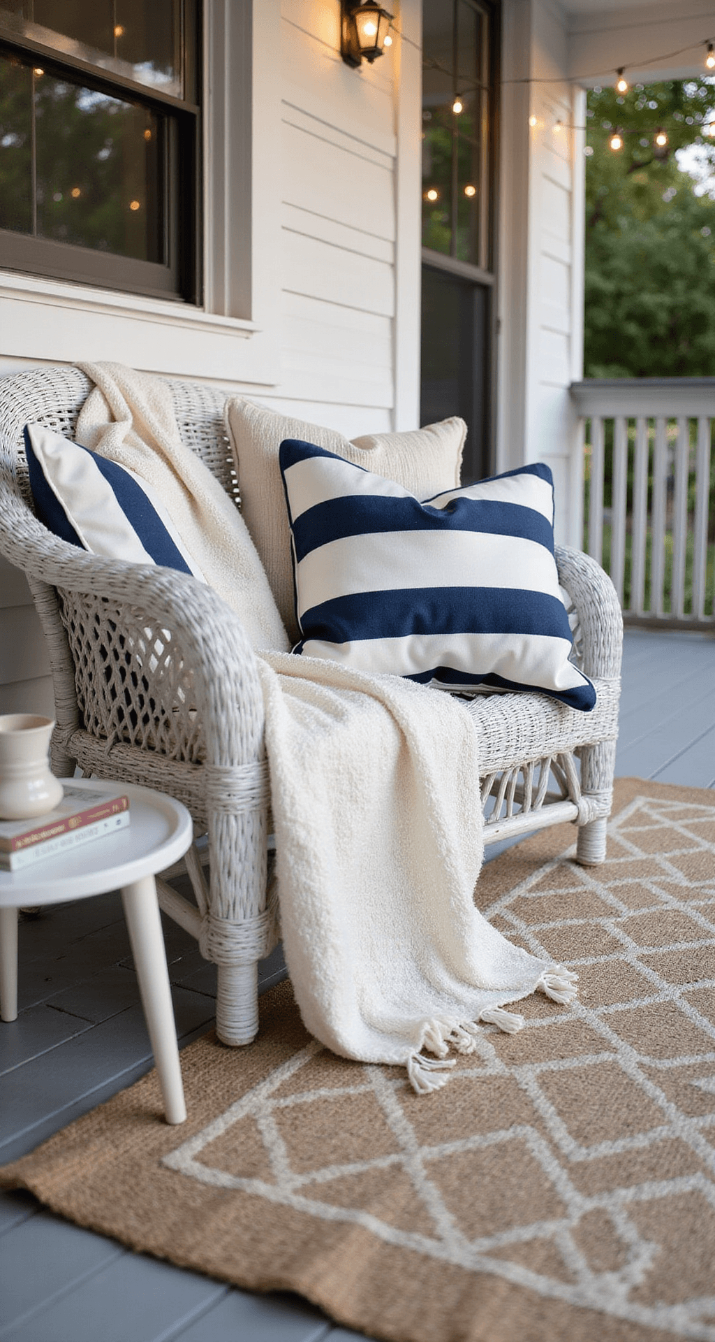 Transform Your Front Porch Into the Neighborhood's Envy: 27 Ideas That Actually Work Cozy outdoor porch setting with a white wicker chair dressed in navy striped pillows and a cream throw blanket, complemented by a jute rug and a small side table with a mug and book, all illuminated by warm string lights.