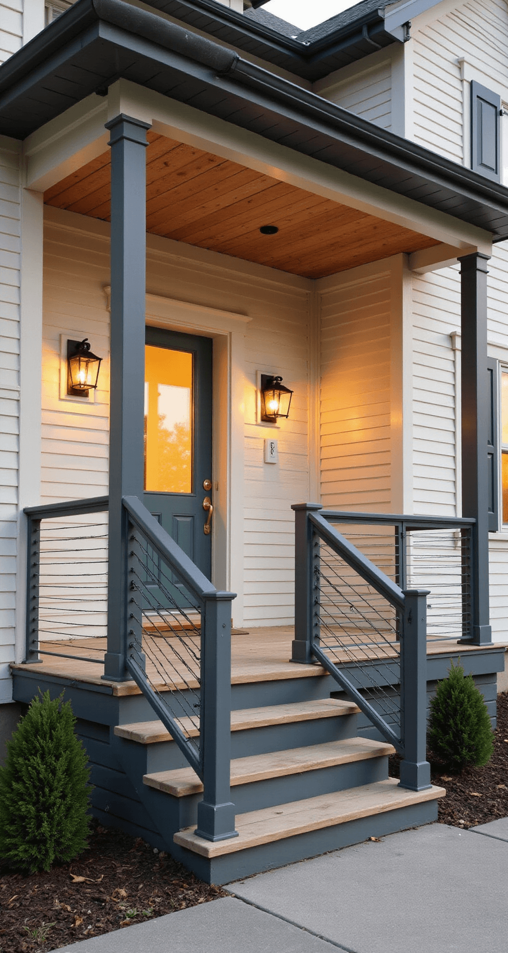 Modern Front Porch Decor Trends That'll Make Your Neighbors Actually Stop and Stare A contemporary front porch with charcoal gray wood slat railings, cream shiplap siding, and a sage green front door, illuminated by warm golden hour light, featuring natural wood ceiling planks and oversized matte black lantern sconces.