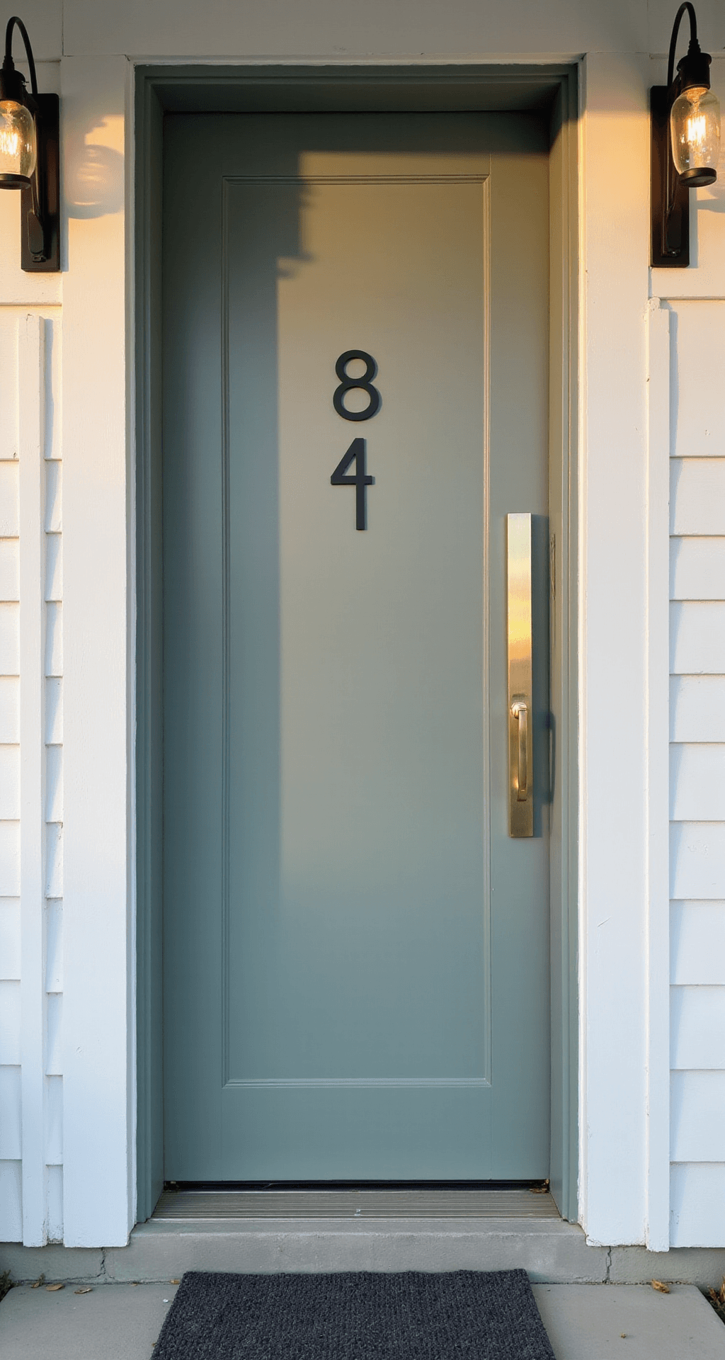 Modern Front Porch Decor Trends That'll Make Your Neighbors Actually Stop and Stare Close-up of a modern sage green front door with a brushed brass handle and black sans-serif house numbers, illuminated by soft morning light, flanked by black metal sconces with warm bulbs, against whitewashed siding and a charcoal gray doormat.