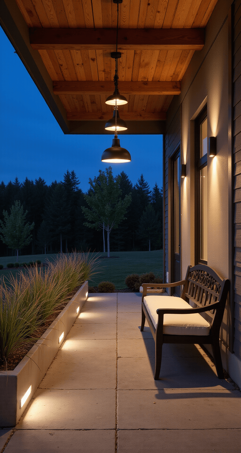 Modern Front Porch Decor Trends That'll Make Your Neighbors Actually Stop and Stare Wide shot of a front porch at twilight, featuring warm LED pendant lights against charcoal beams, subtle pathway illumination, a minimalist black metal bench with a cream cushion, and ornamental grasses in concrete planters, all set against a deep blue sky.