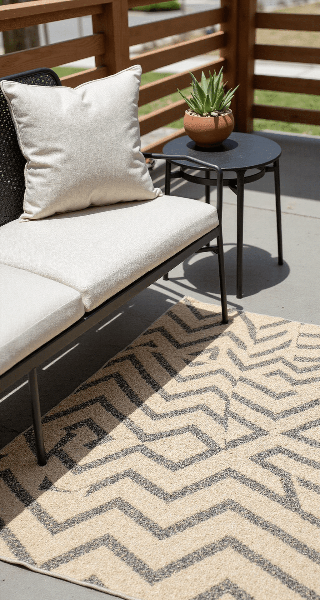 Modern Front Porch Decor Trends That'll Make Your Neighbors Actually Stop and Stare Detail shot of a sleek black metal bench with a neutral linen cushion on a jute rug, layered over a cream and charcoal geometric polypropylene rug, complemented by a black metal side table with a ceramic planter of succulents, set against a blurred wood slat railing and concrete porch, captured in soft mid-afternoon light.