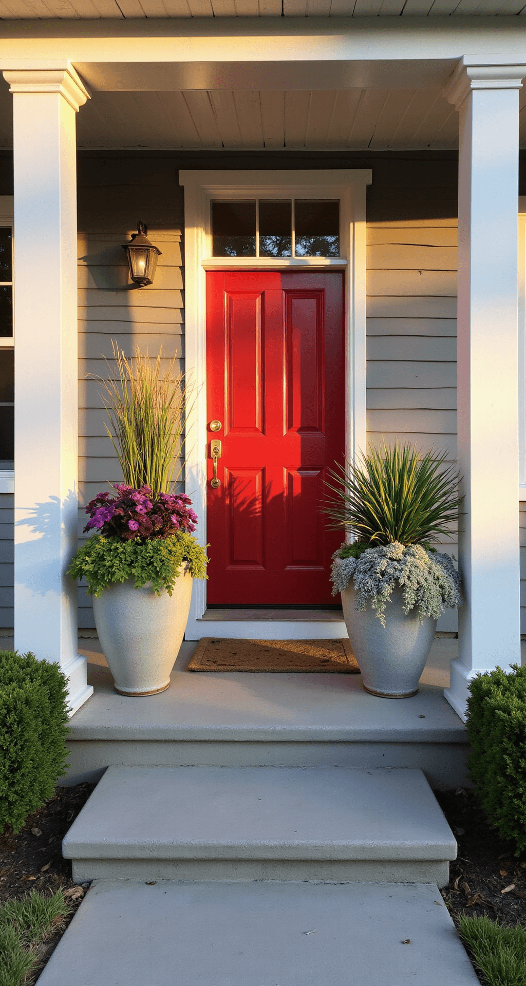 Transform Your Front Porch Into a Stunning Outdoor Oasis: A Complete Landscaping Guide Photorealistic front porch scene featuring a bold red door flanked by large ceramic planters filled with ornamental grass, coleus, petunias, dusty miller, and bacopa, set on gray decking with white columns and low boxwood shrubs, illuminated by warm golden hour lighting.