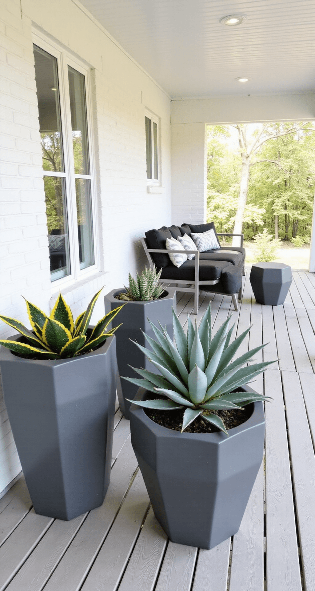 Transform Your Front Porch Into a Stunning Outdoor Oasis: A Complete Landscaping Guide Modern minimalist covered porch featuring geometric lines, large charcoal gray concrete planters with structural plants, light wood decking, and a neutral white brick wall backdrop.