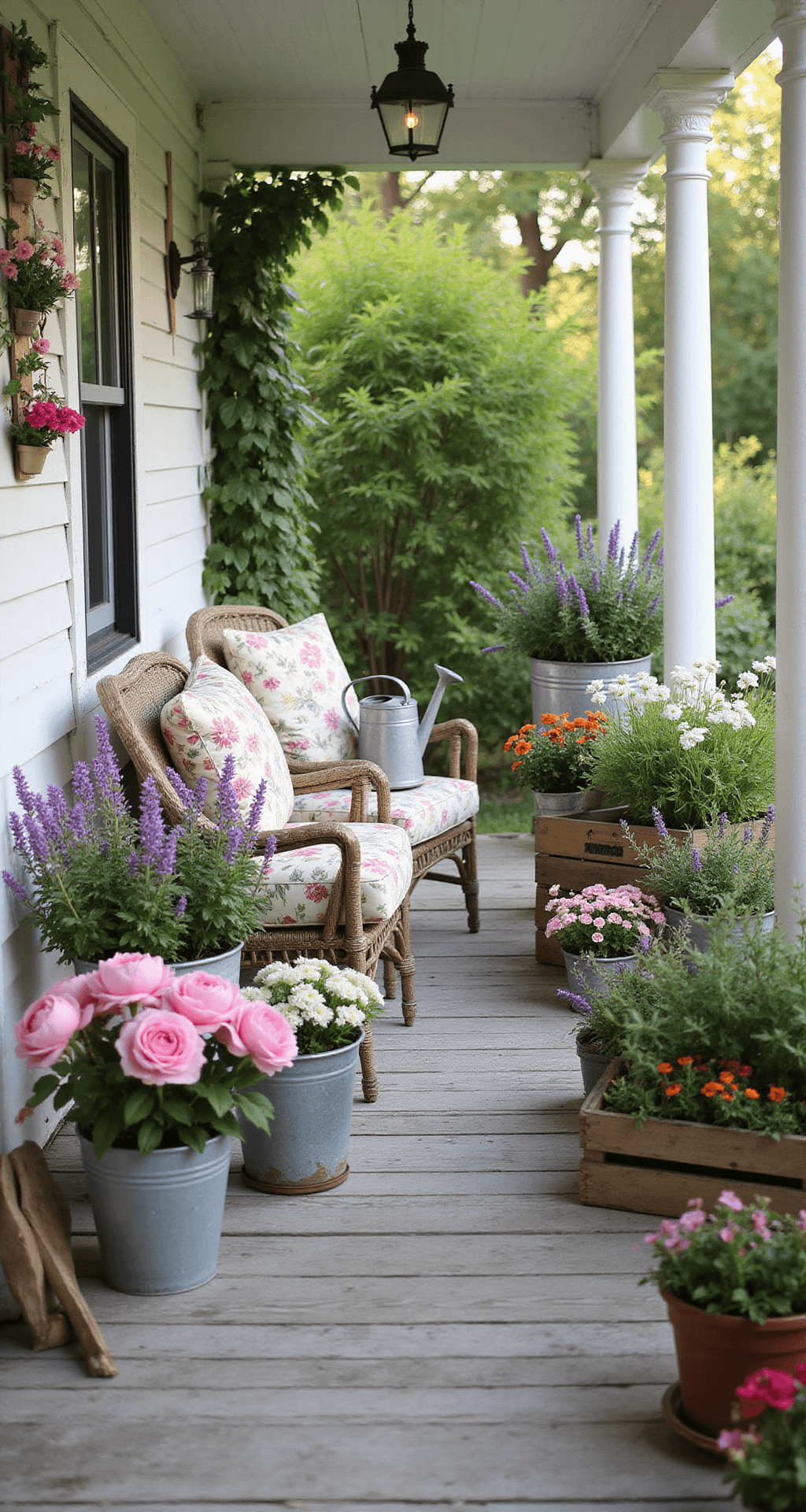 Transform Your Front Porch Into a Stunning Outdoor Oasis: A Complete Landscaping Guide Cottage garden style front porch overflowing with vibrant summer flowers in mismatched containers, featuring vintage wicker furniture and a climbing rose trellis, all bathed in soft afternoon light.